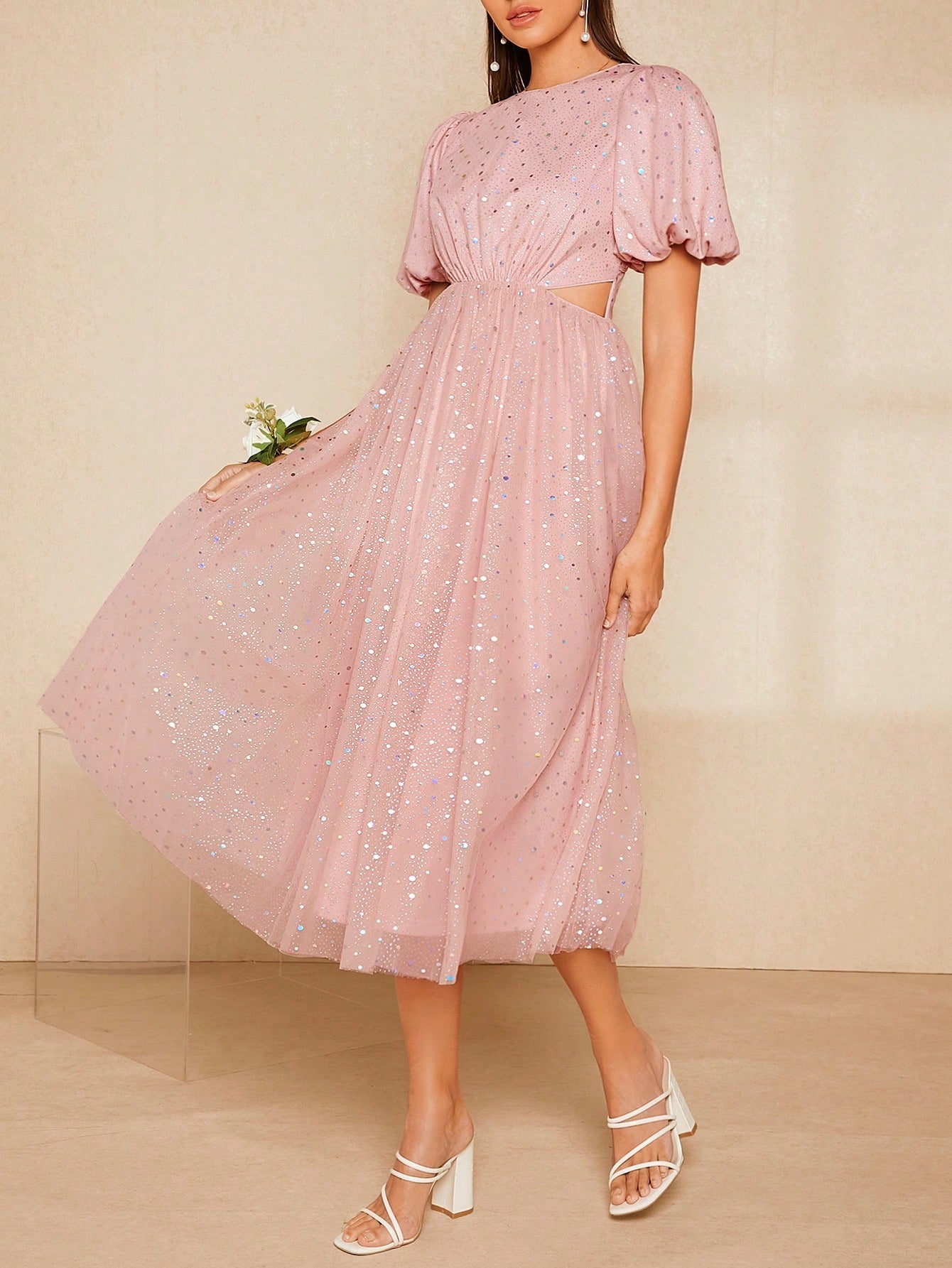 SHEIN Belle Puff Sleeve Cut Out Backless Mesh Overlay Sequin Star Pattern Bridesmaid Dress