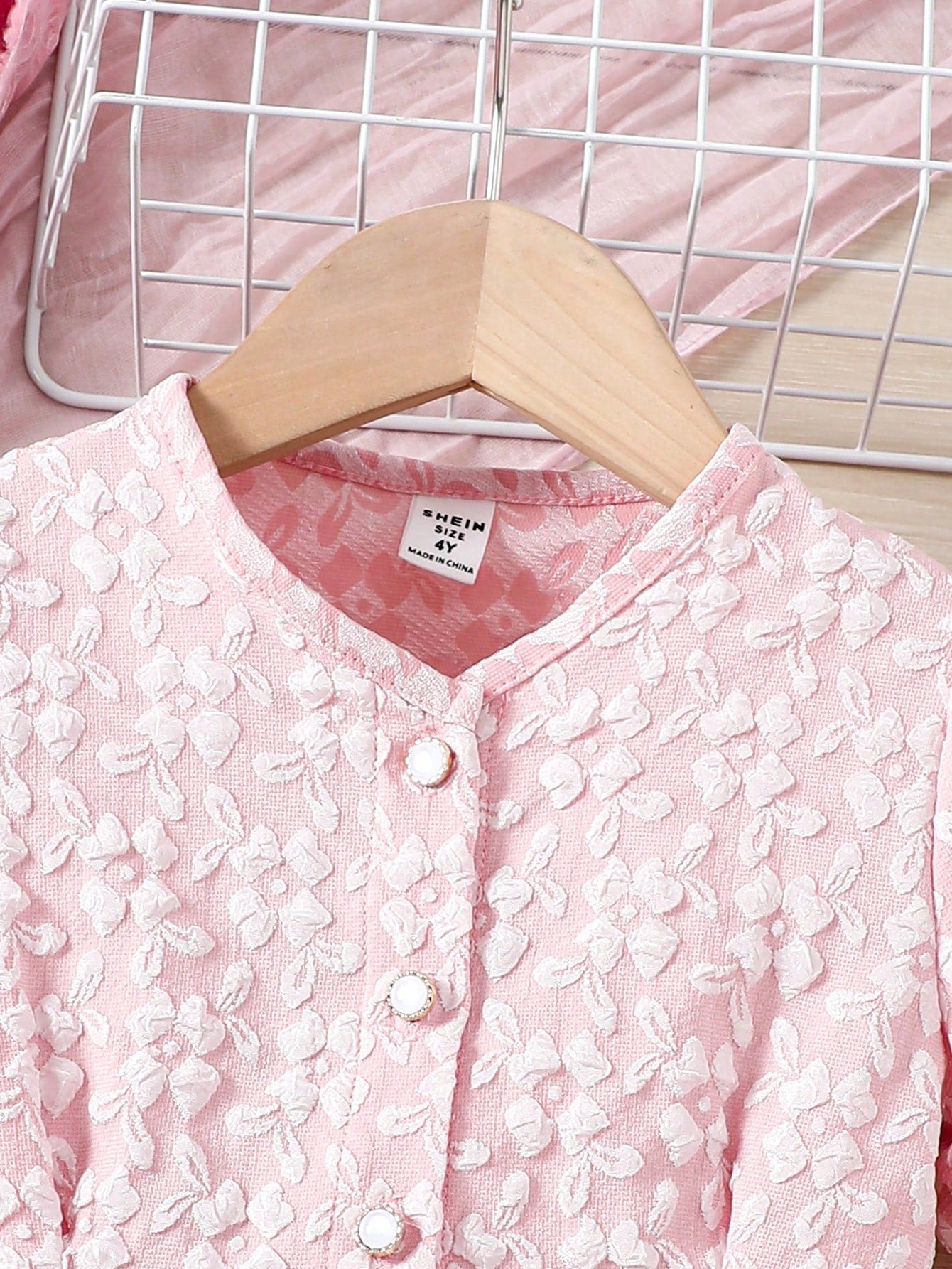 SHEIN Kids FANZEY Little Girls' Ladylike Jacquard Puff Sleeve Dress with Front Button Placket