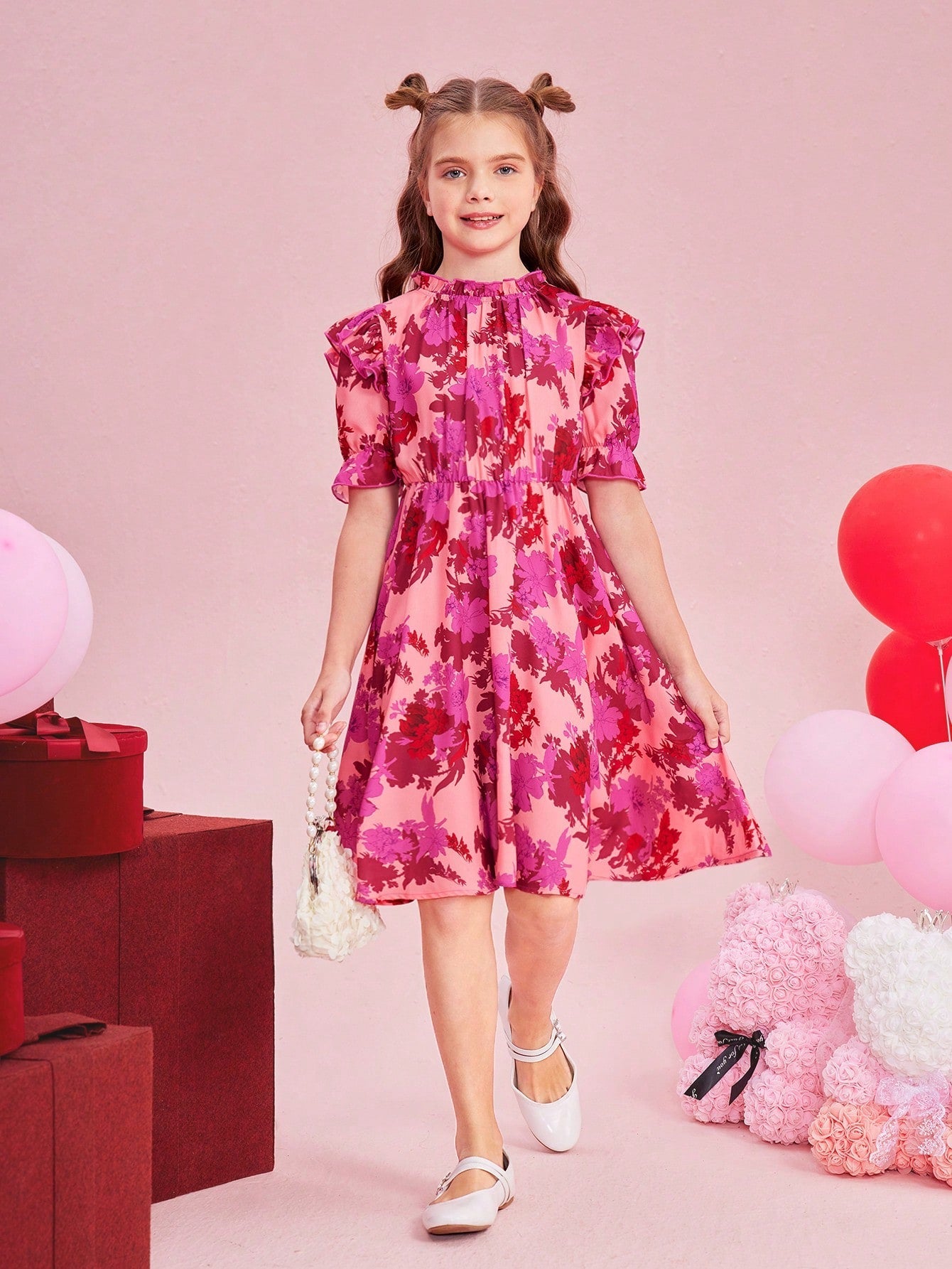 SHEIN Kids CHARMNG Big Girls' Woven Flower Pattern Short Sleeve Dress with Ruffle Hem and Peter Pan Collar