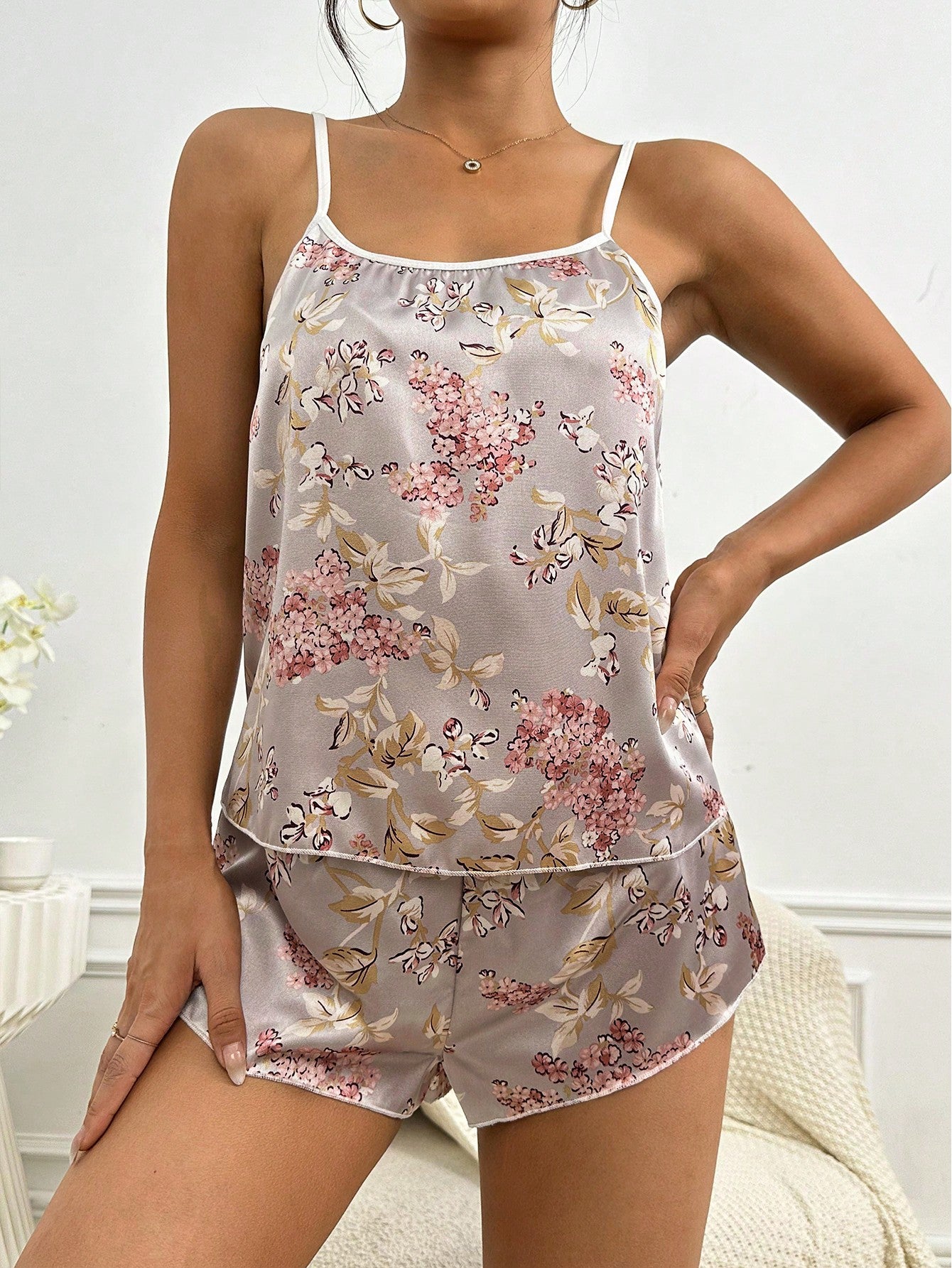 Floral Print Contrast Binding Satin PJ Set