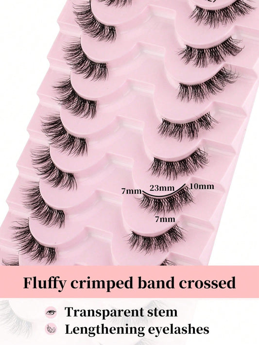 False Eyelashes Strip, 10 Pairs of Crossed & Fluffy & Curly Half Eye Lashes with Invisible Stem, 3D Synthetic Mink Fur Handmade Extension 7-10Mm, Great for Women'S Party Makeup