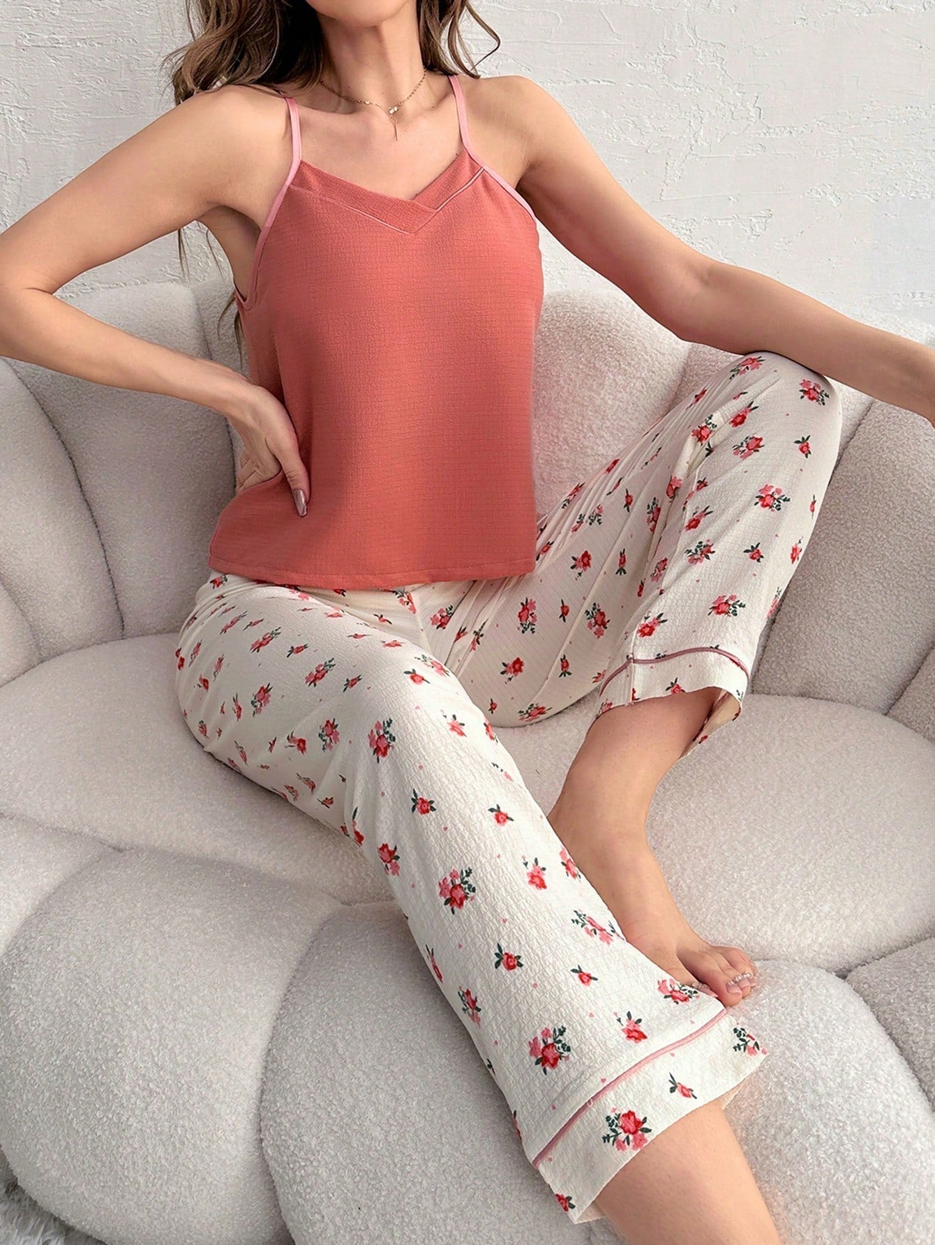 2Pcs/Pack Solid Color Camisole & Flower Printed Long Pants Pajama Set