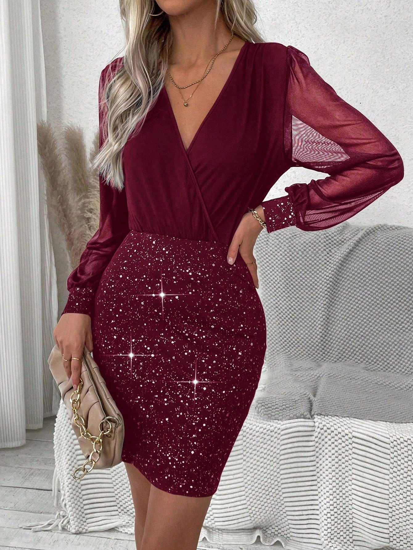 Women'S Mesh Lantern Sleeve Dress
