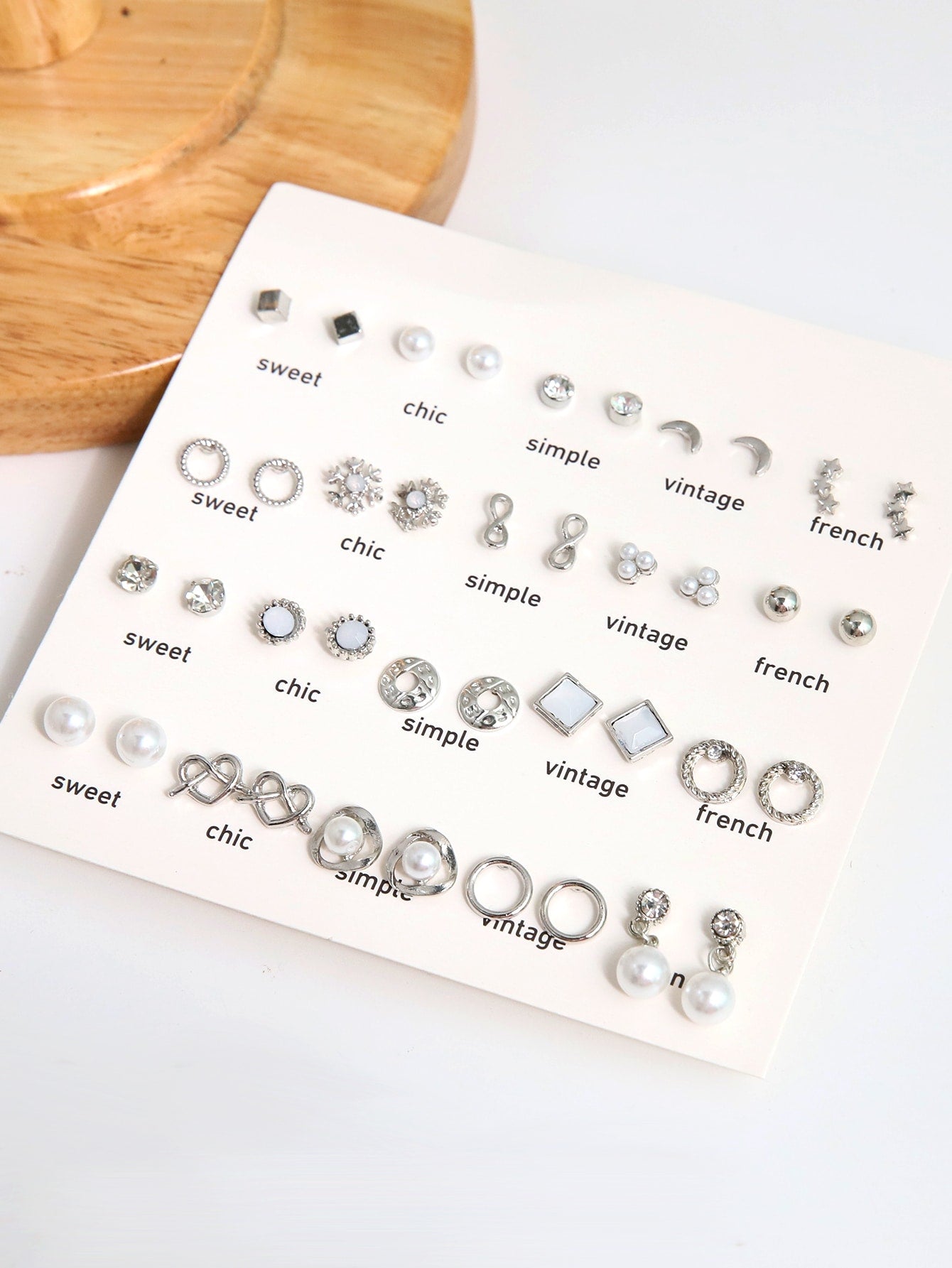 40Pcs Moon-Star-Snowflake-Heart Shaped Rhinestone & Pearl Stud Earrings for Sweet Women