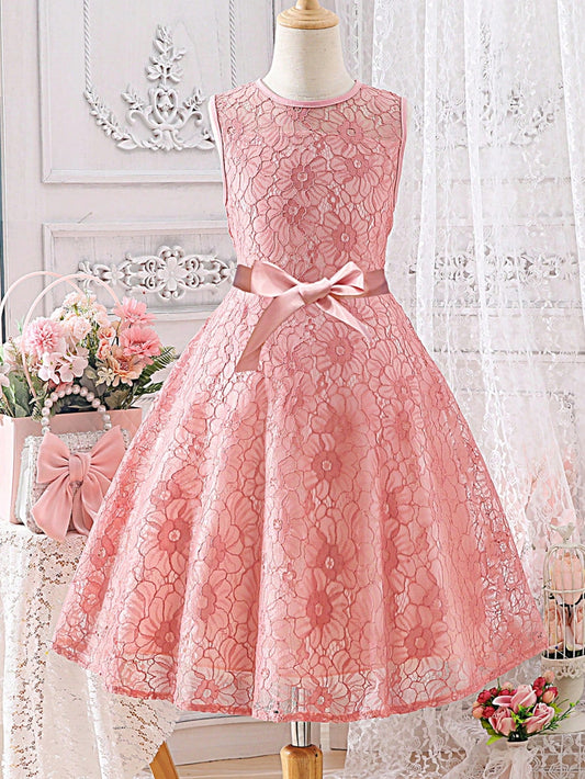 SHEIN Kids CHARMNG Girls 1Pc Belted Lace Dress