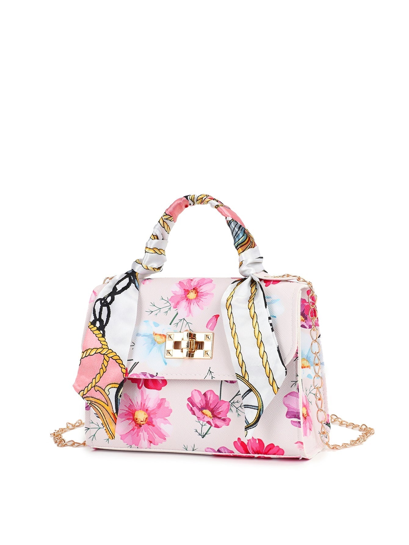 Silk Scarf Accessory Chain Embossed Pu Leather Floral Printed Handbag