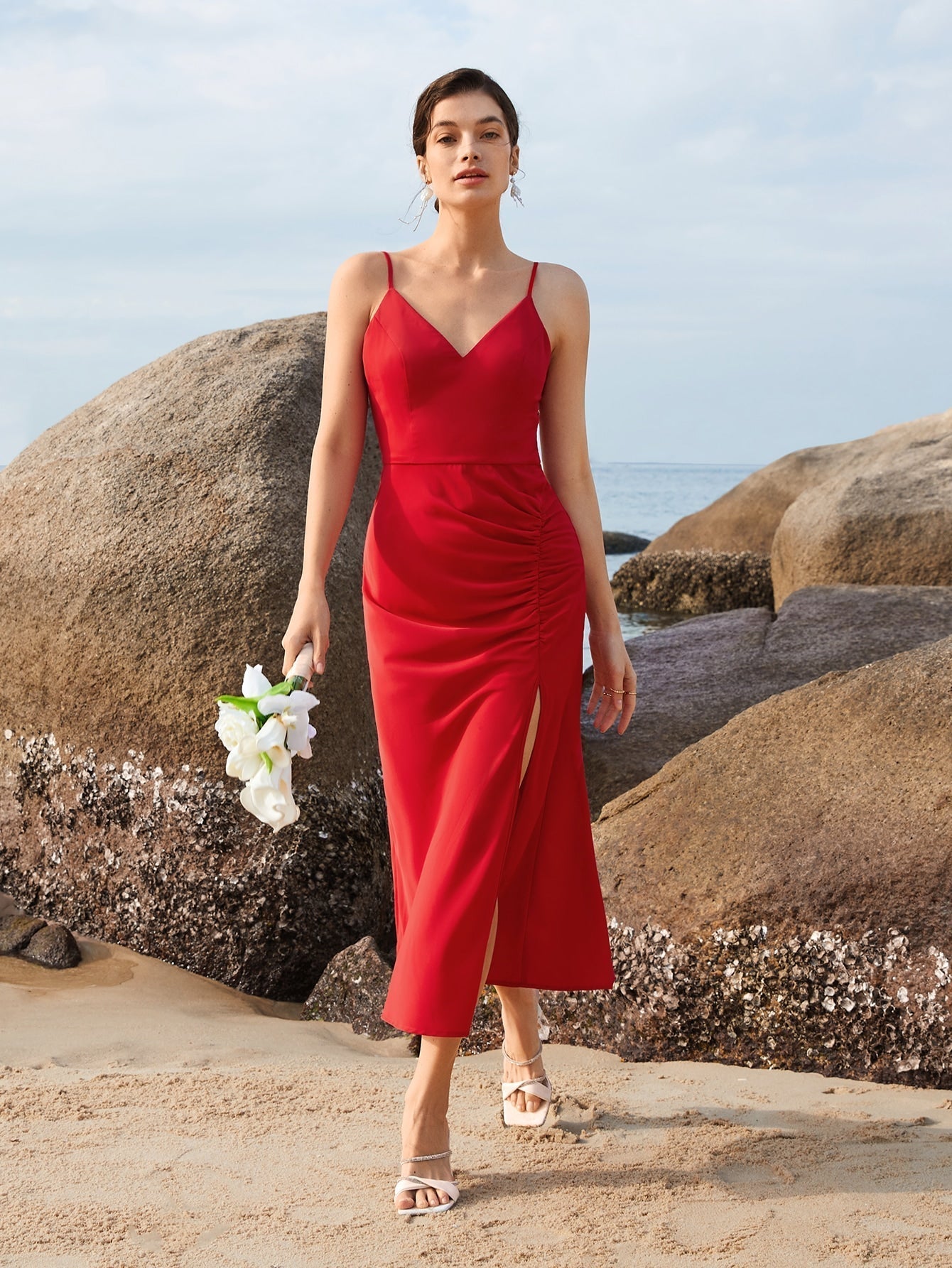 SHEIN Belle Solid Ruched Split Thigh Dress