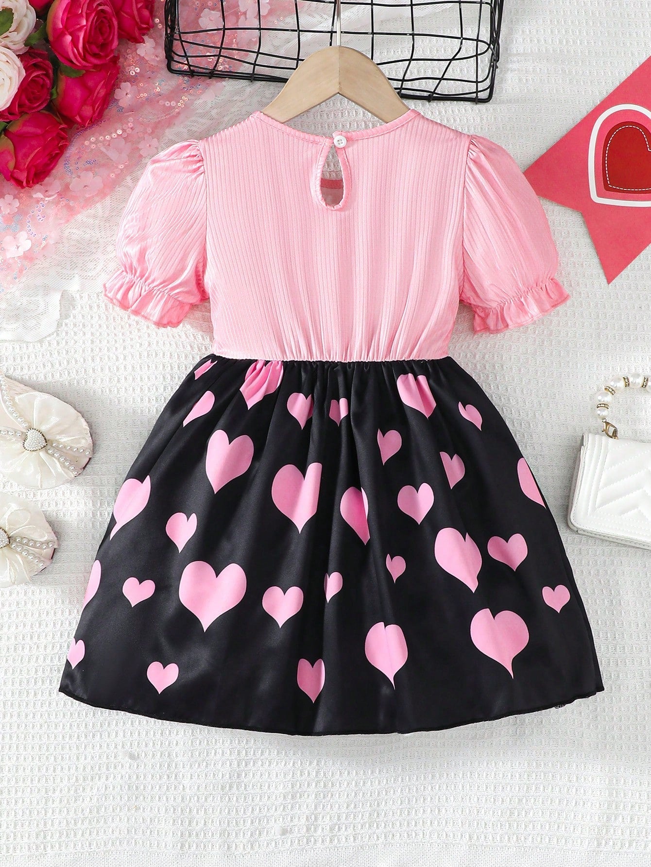 Toddler Girls' Color-Contrast Cartoon Heart Print Patchwork Puff Sleeve Dress with Bow Belt