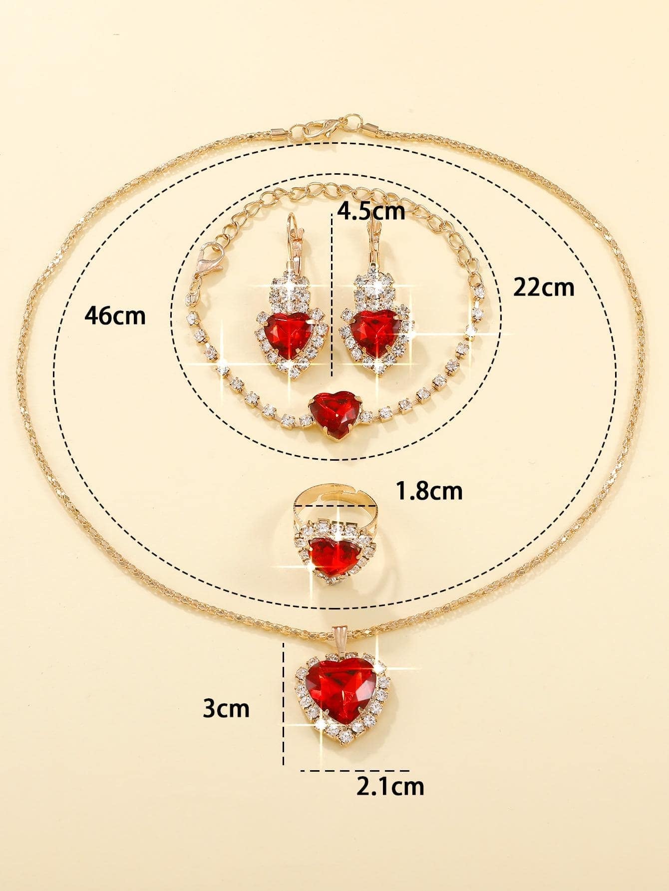 Rhinestone Heart Pendant Necklace & Drop Earrings & Ring & Bracelet