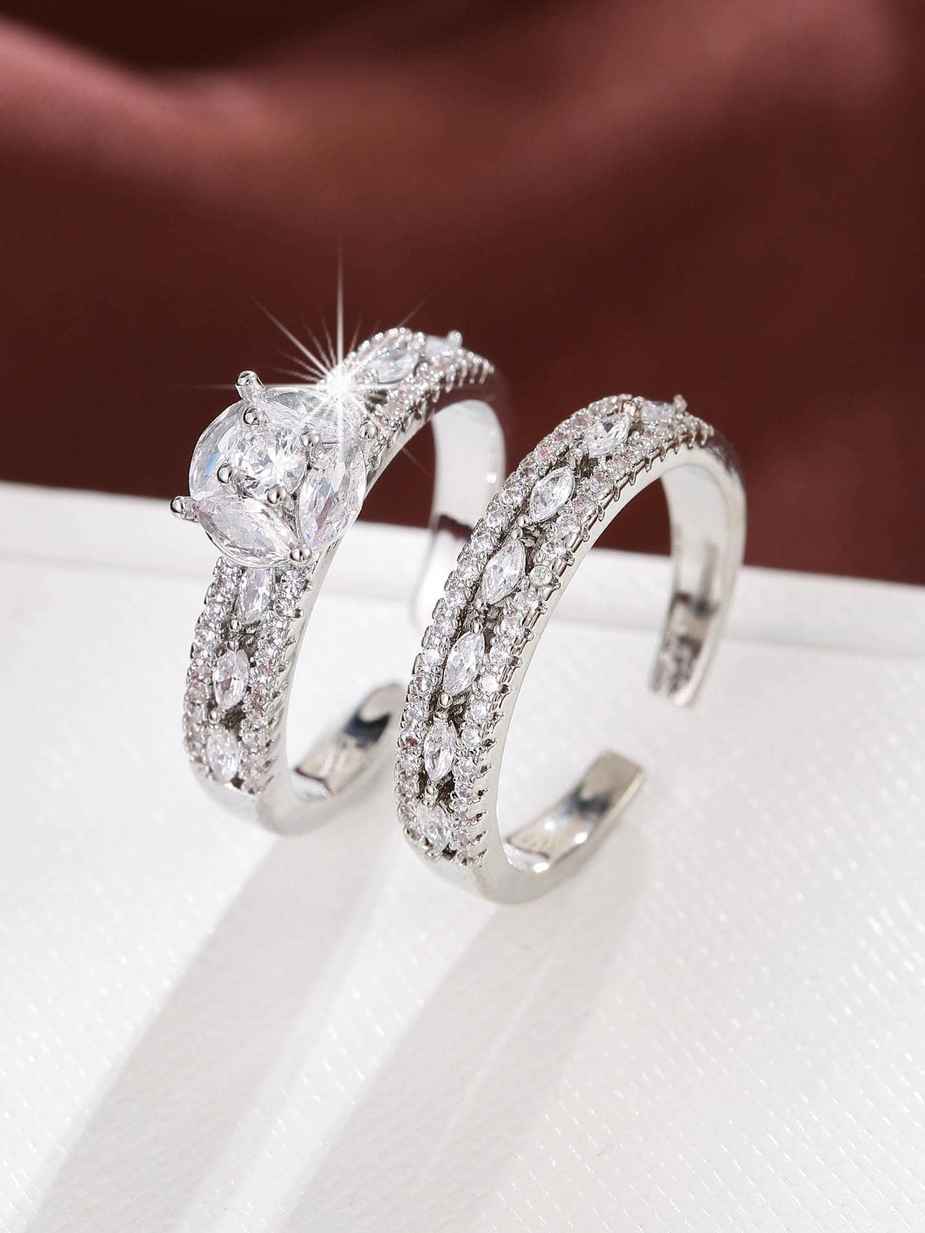 2Pcs/Set Cubic Zirconia Decor Cuff Ring