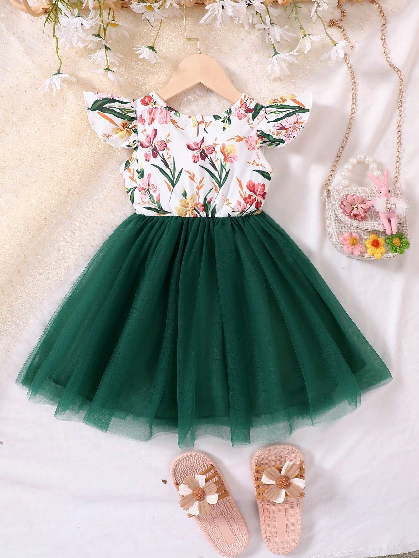 SHEIN Kids Nujoom Young Girl Floral Print Contrast Mesh A-Line Dress