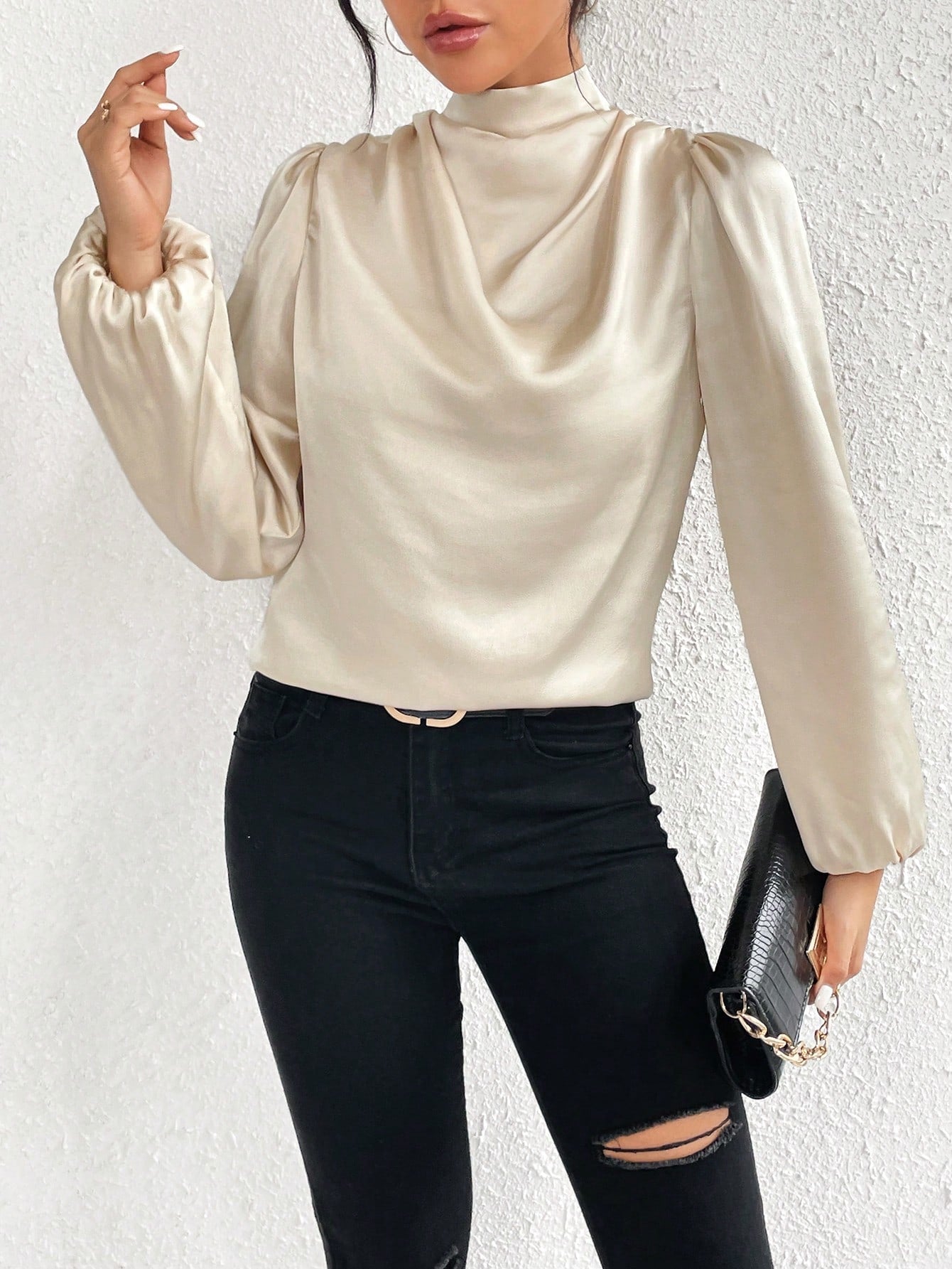 SHEIN Privé Women'S Solid Color Half High Collar Lantern Sleeve Blouse
