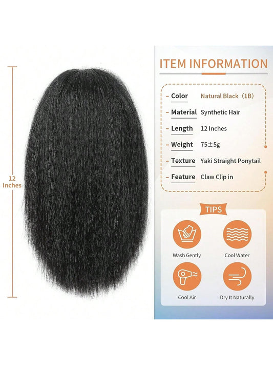 12 Inches Kinky Ponytail Hair Extensions Claw Clip Yaki Black Ponytail Extension for Kinky Straight Clip in Ponytail Hair Extensions (12 Inches)