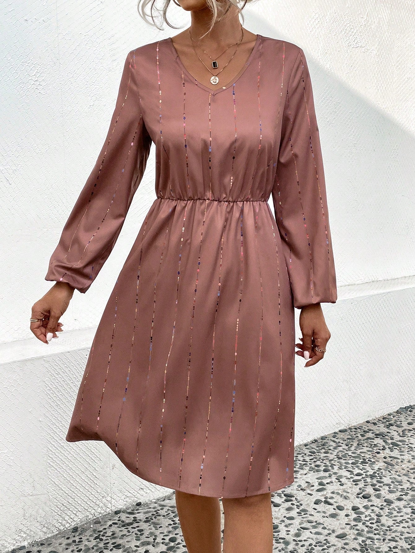 SHEIN LUNE Striped Print Lantern Sleeve Dress