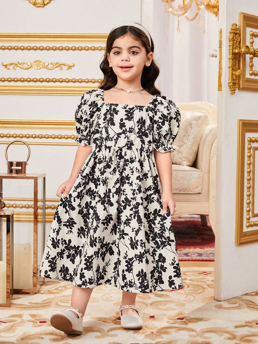 SHEIN Kids Nujoom Young Girl'S Casual Square Neck Back Bowknot Decor Color Block Midi Dress