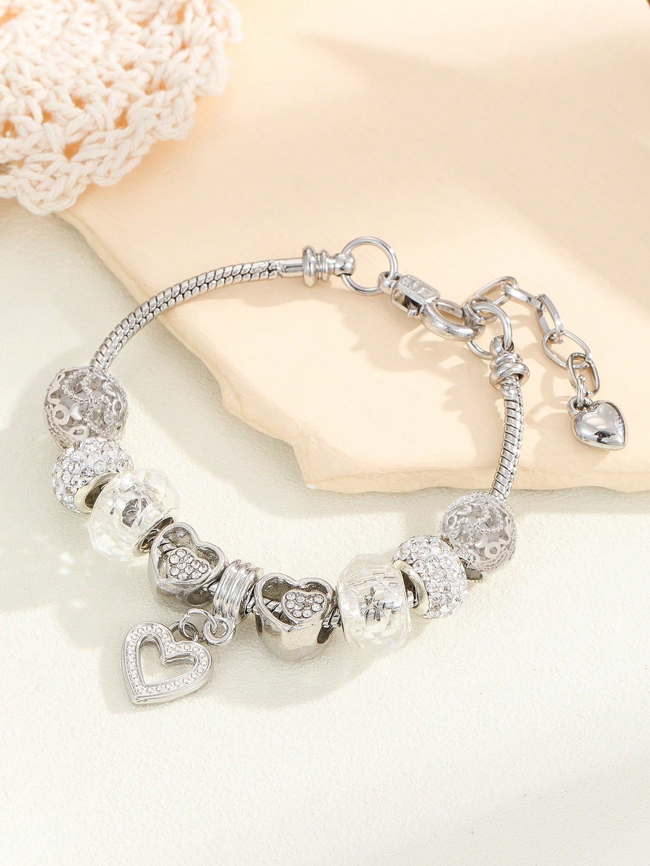 Rhinestone Heart Charm Bead Decor Bracelet