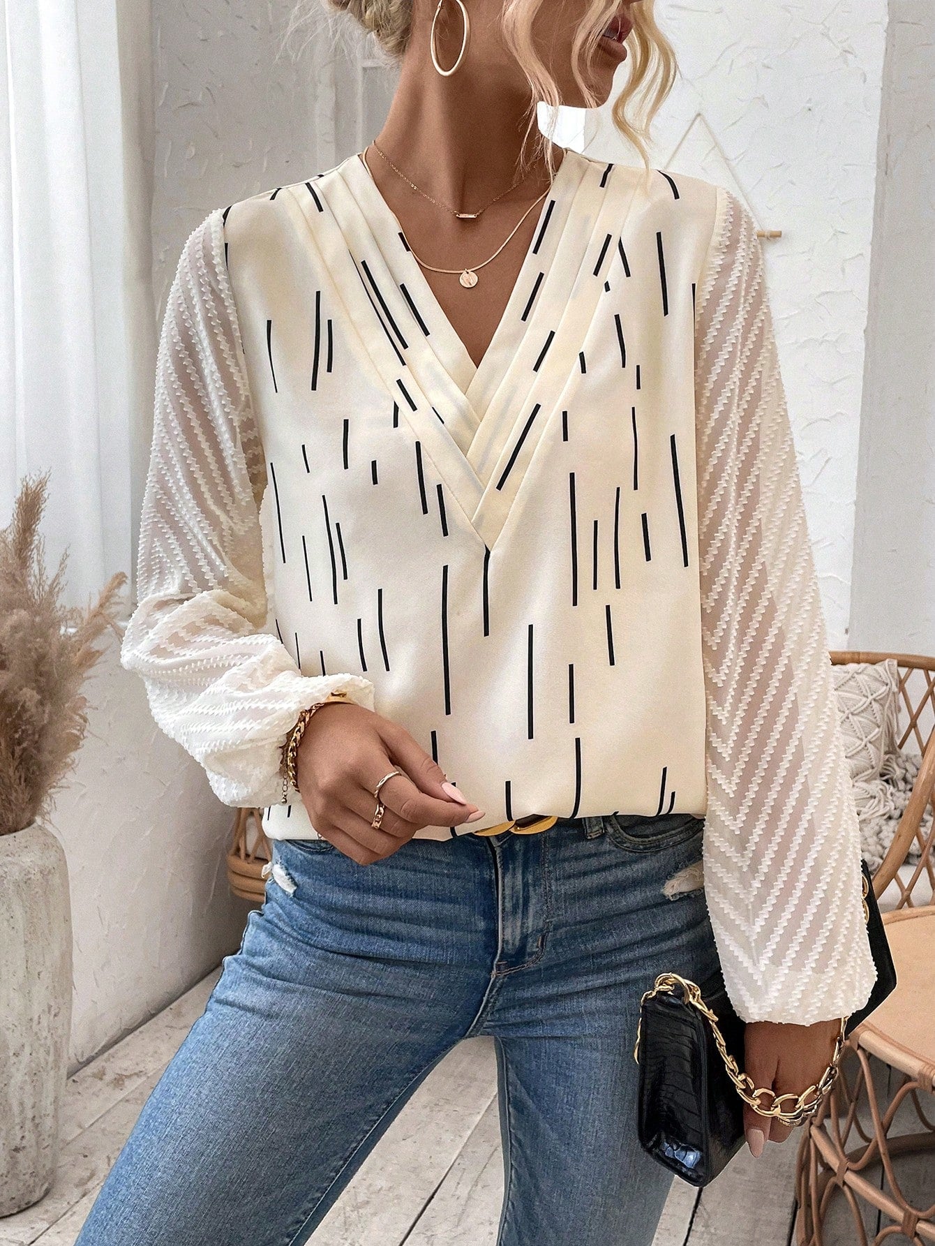 SHEIN LUNE Sheer Mesh Splicing V-Neck Long Sleeve Shirt