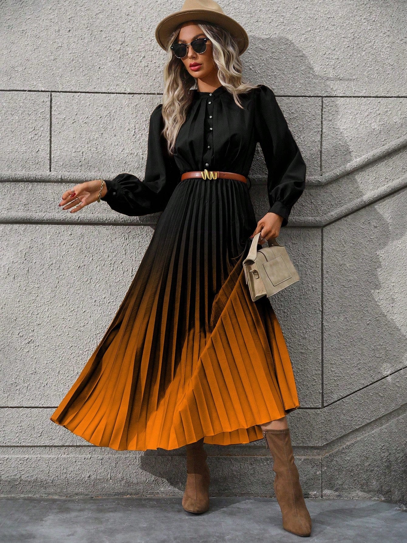 Ombre Pleated Hem Shirt Dress without Belt