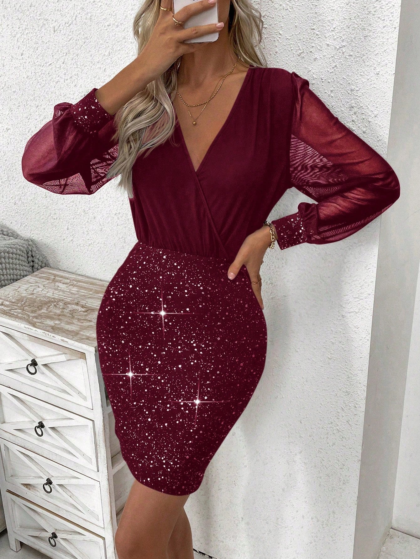 Women'S Mesh Lantern Sleeve Dress