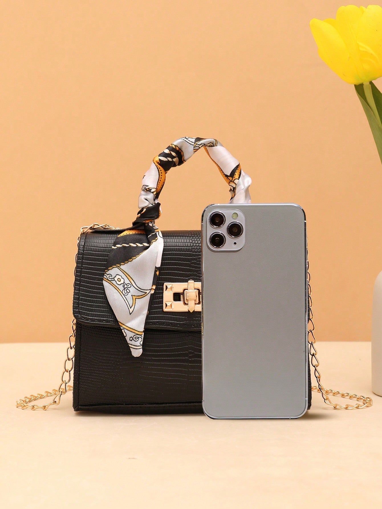 Ladies' Daily Use Silk Scarf Chain Shoulder and Handheld Small Square Bag