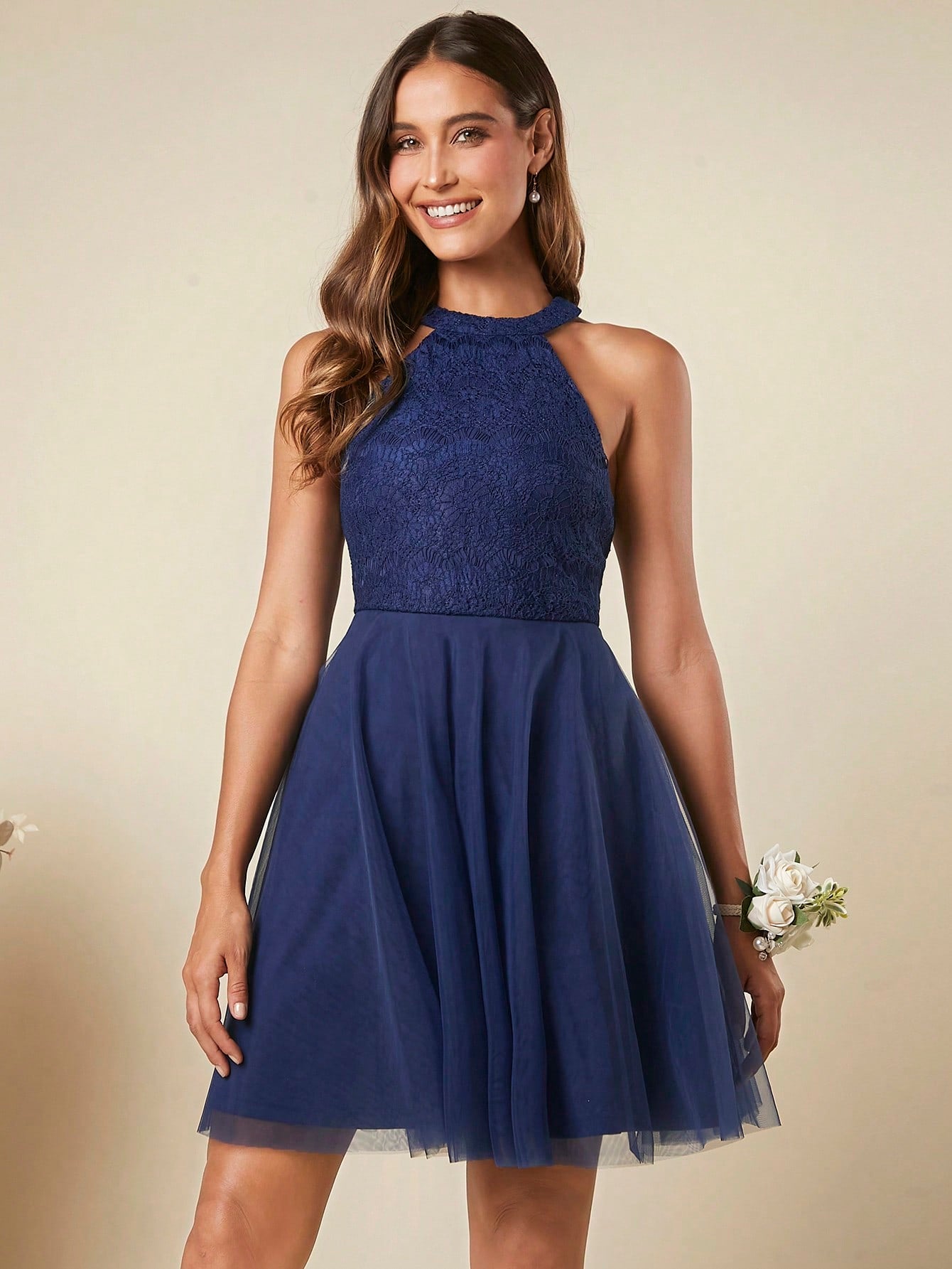 SHEIN Belle Contrast Lace Mesh Hem Halter Dress