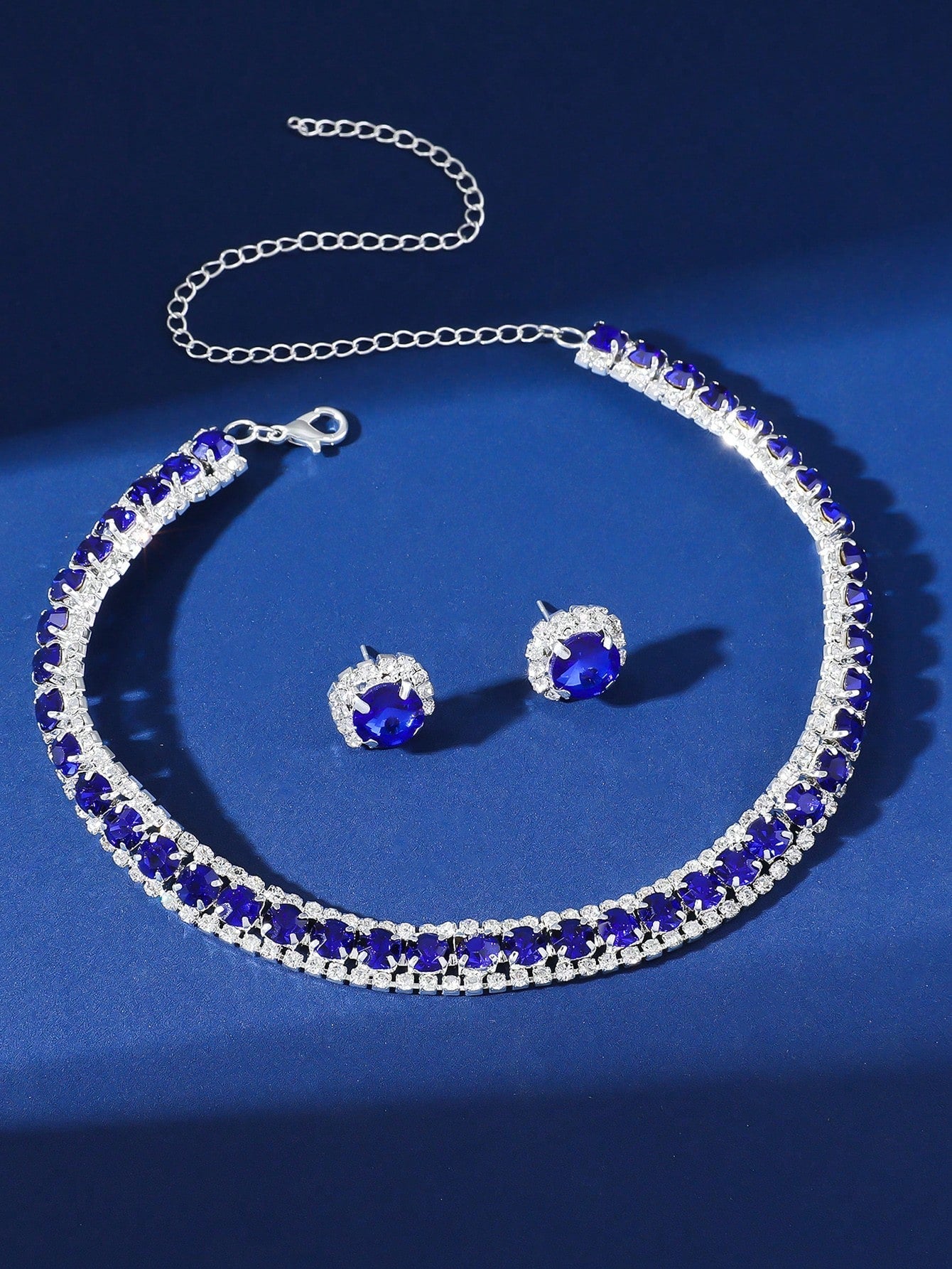 1Pc Blue Crystal Full Rhinestone Necklace & 1Pair Blue Crystal Full Rhinestone Earrings with Silver Base