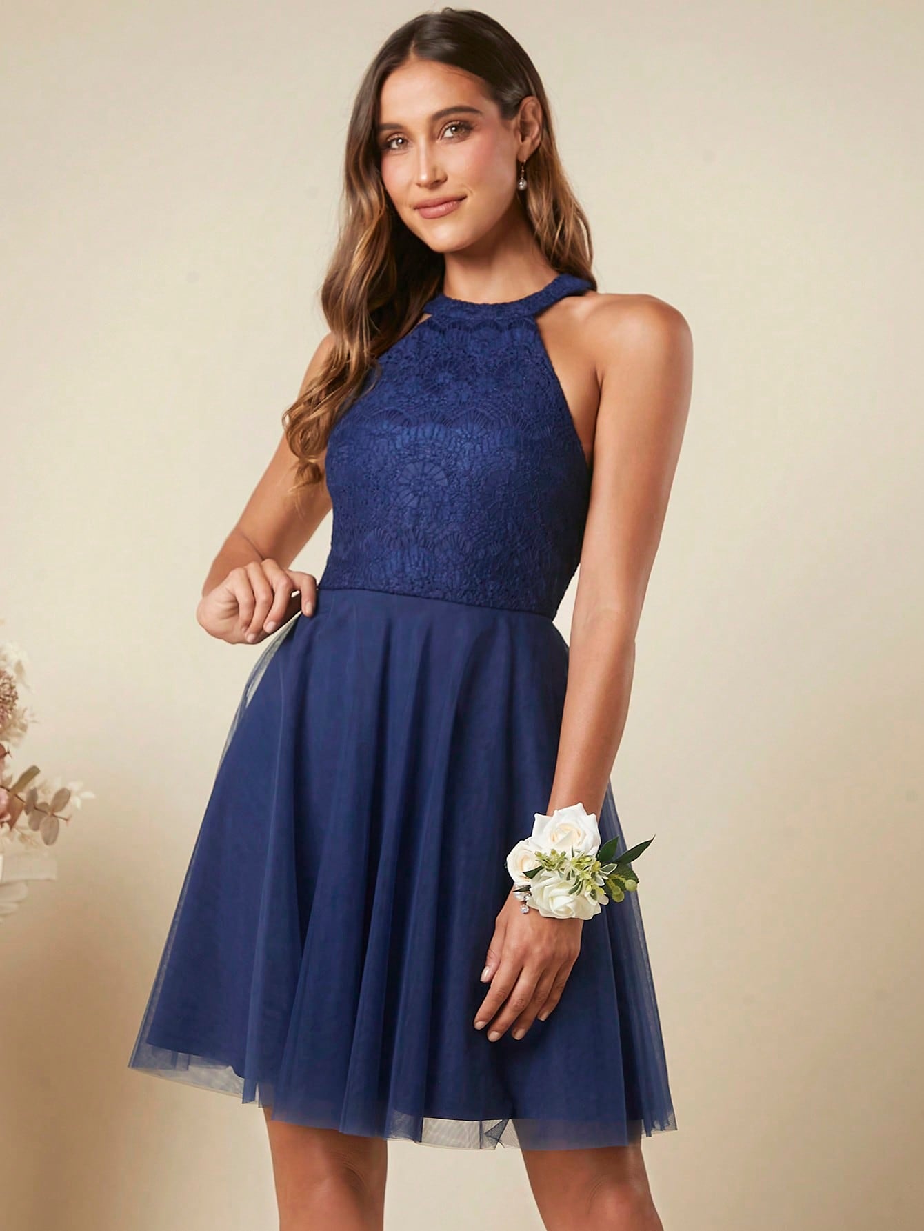 SHEIN Belle Contrast Lace Mesh Hem Halter Dress