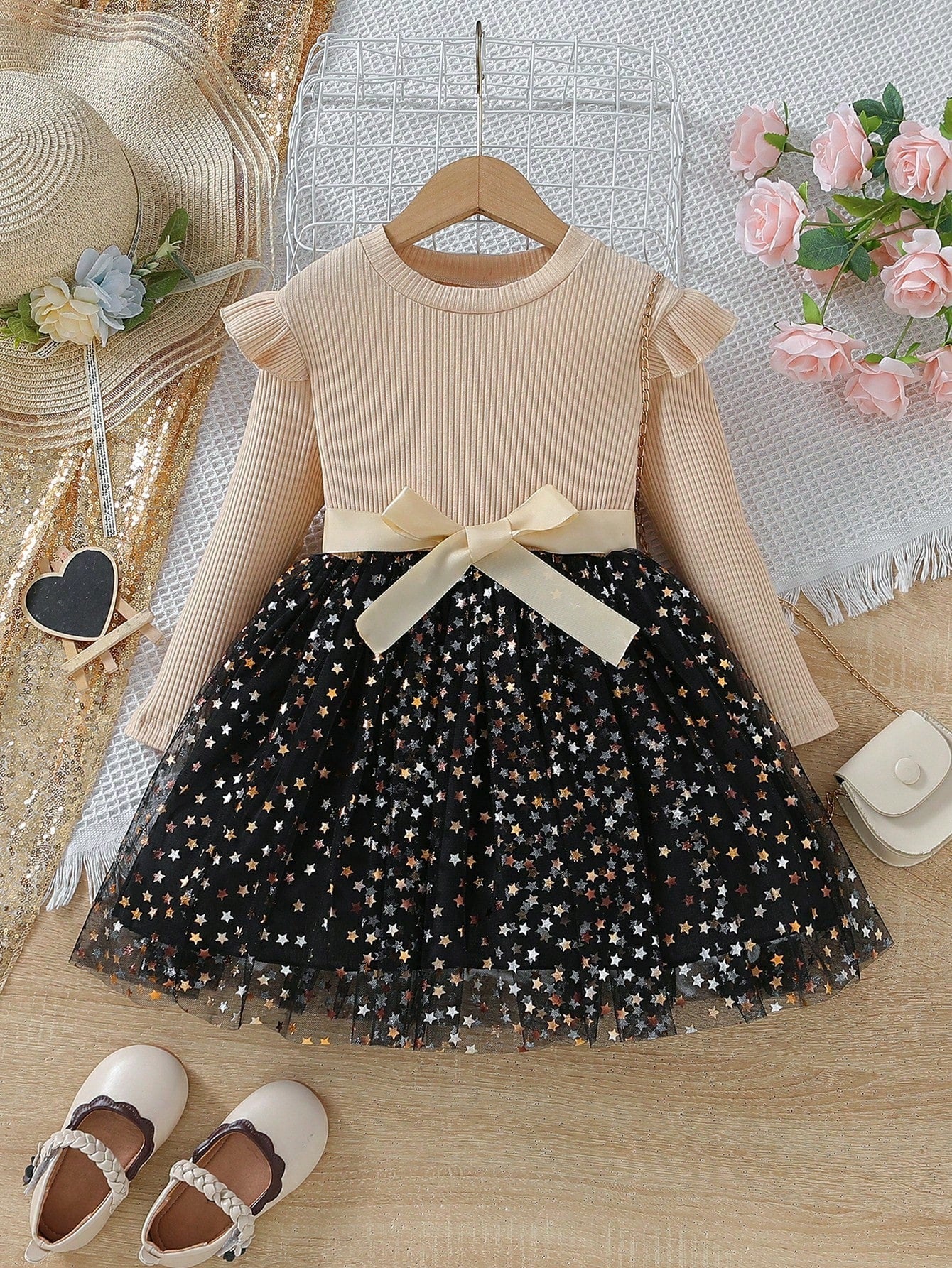 Little Girl'S Knitted Patchwork Puffy Star Mesh Long-Sleeved Dress