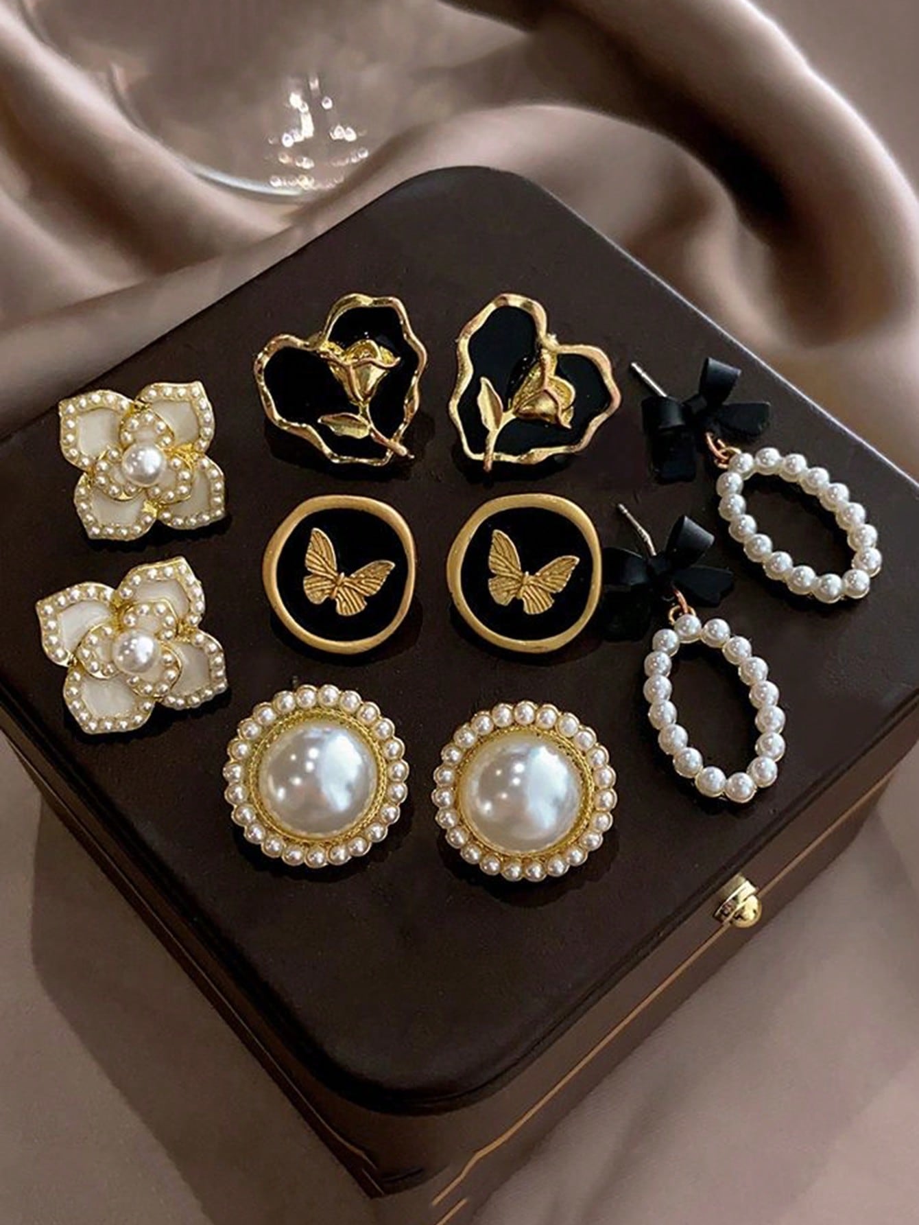 5Pairs/Set Pearl Flower Heart Butterfly Black Drip Oil Stud Earrings Suitable for Daily & Festival Wear