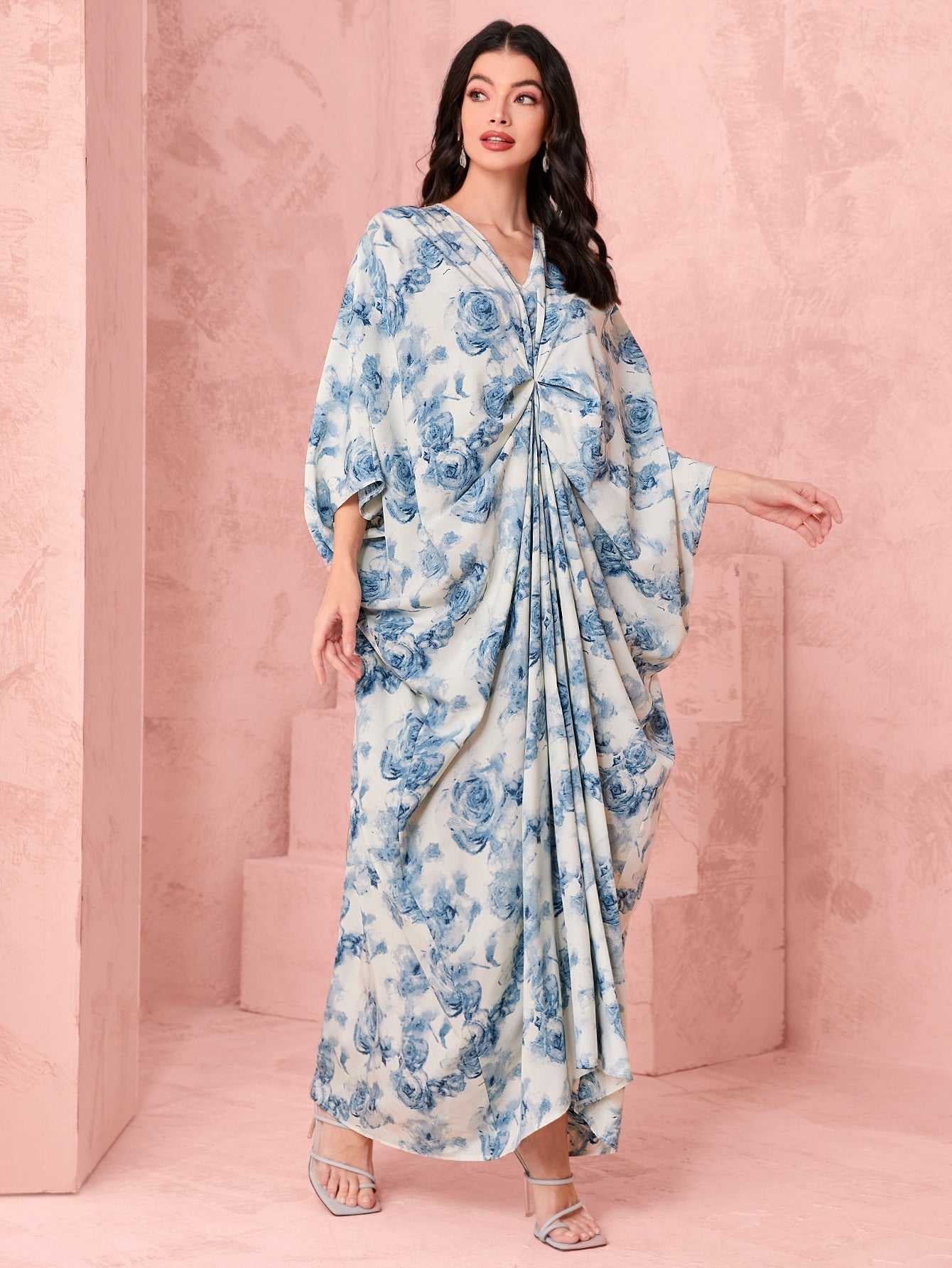 SHEIN Najma Allover Floral Print Batwing Sleeve Ruched Front Kaftan