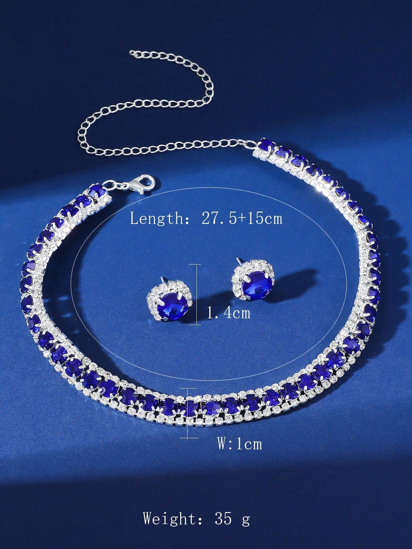 1Pc Blue Crystal Full Rhinestone Necklace & 1Pair Blue Crystal Full Rhinestone Earrings with Silver Base