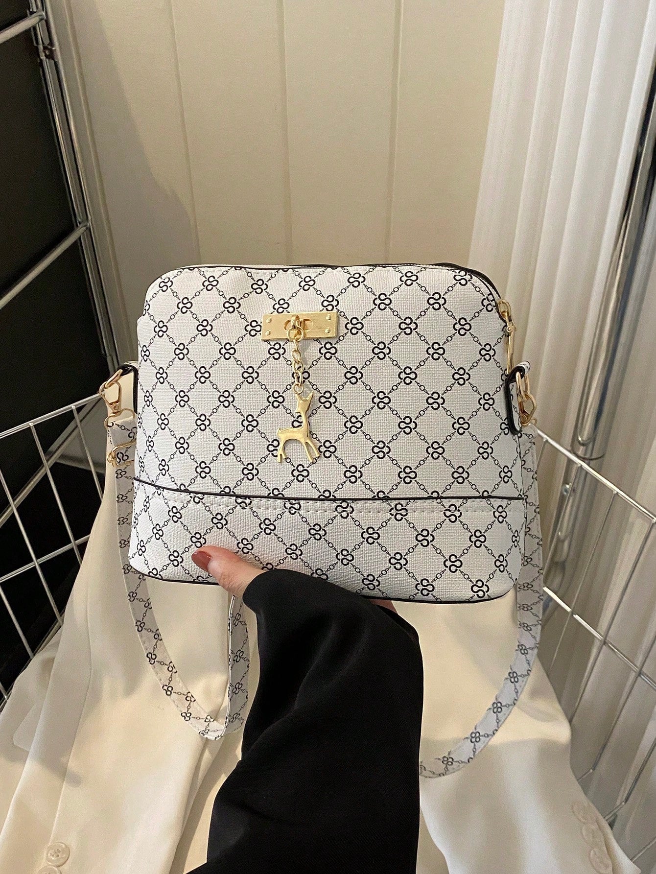 Small Dome Bag Elegant Geometric Pattern Deer Charm Zipper PU