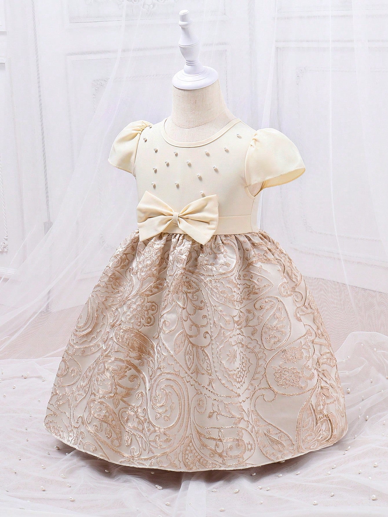 SHEIN Kids CHARMNG Toddler Girls' Party Princess Dress with Bowknot, Pearl Beads and Stud Details