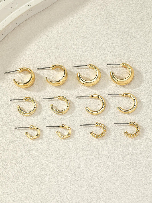 6Pairs/Set Fashionable Zinc Alloy Spring Design Cuff Hoop Earrings for Women for Daily Decoration