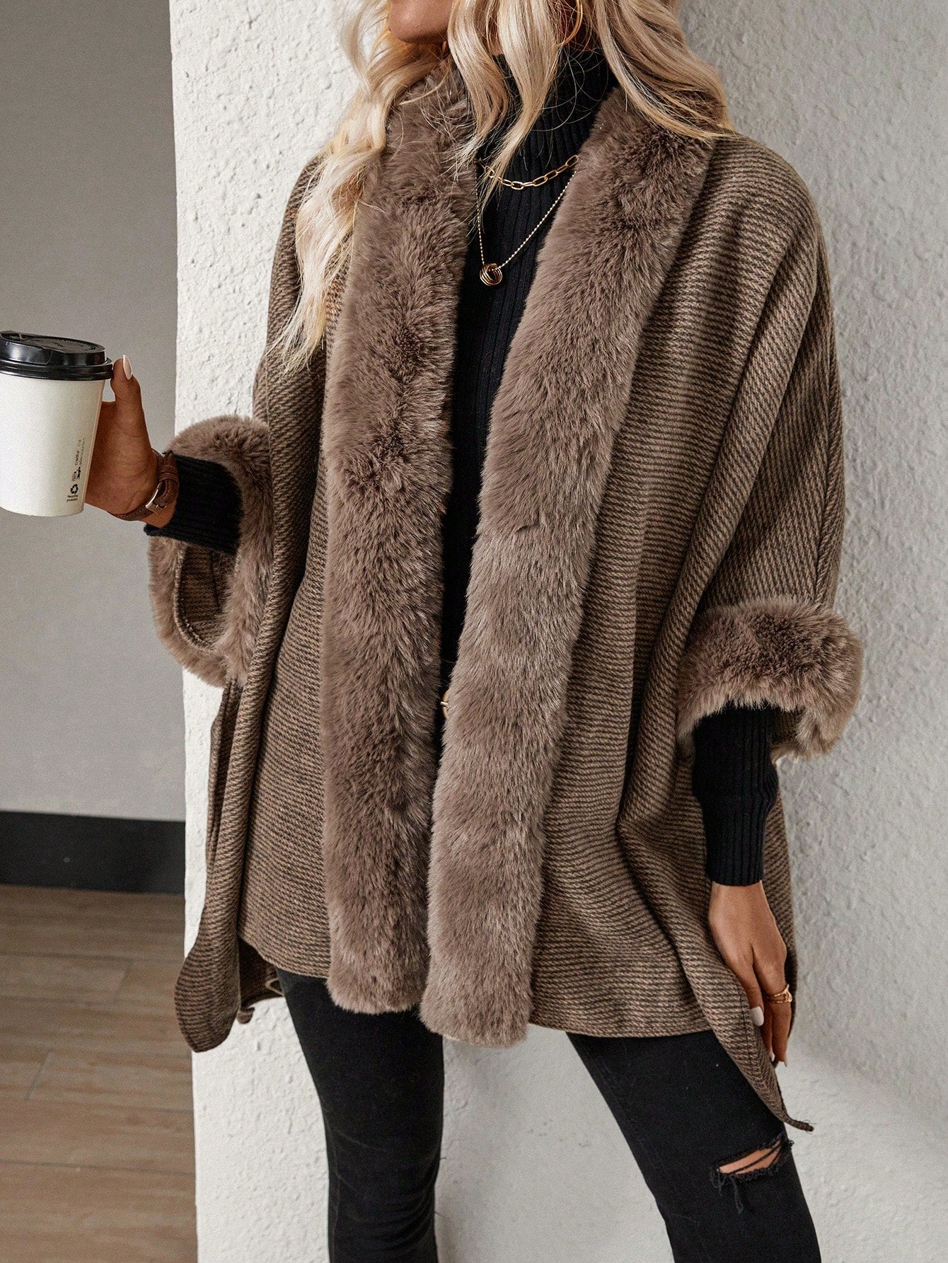 SHEIN Essnce Fuzzy Trim Batwing Sleeve Cape Cardigan