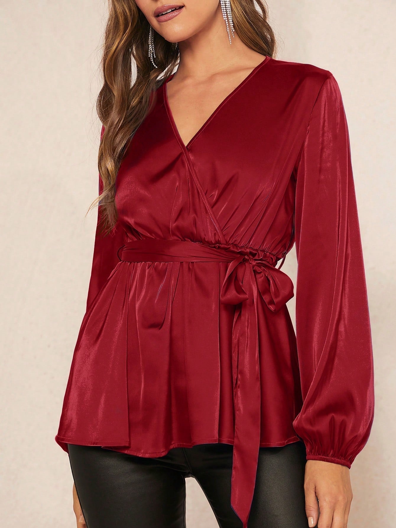 SHEIN Clasi Lantern Sleeve Belted Satin Peplum Top