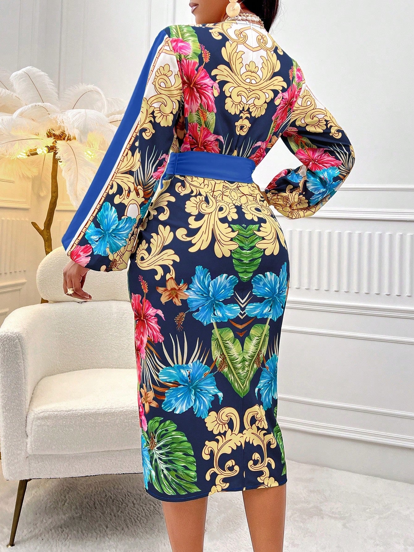 SHEIN Slayr Ladies' Baroque Printed Lantern Sleeve Bodycon Dress