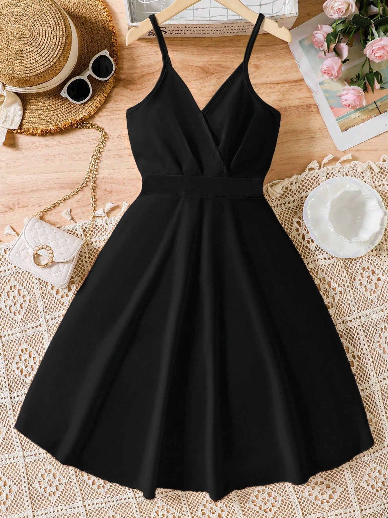 Teen Girl Solid Surplice Front Cami Dress
