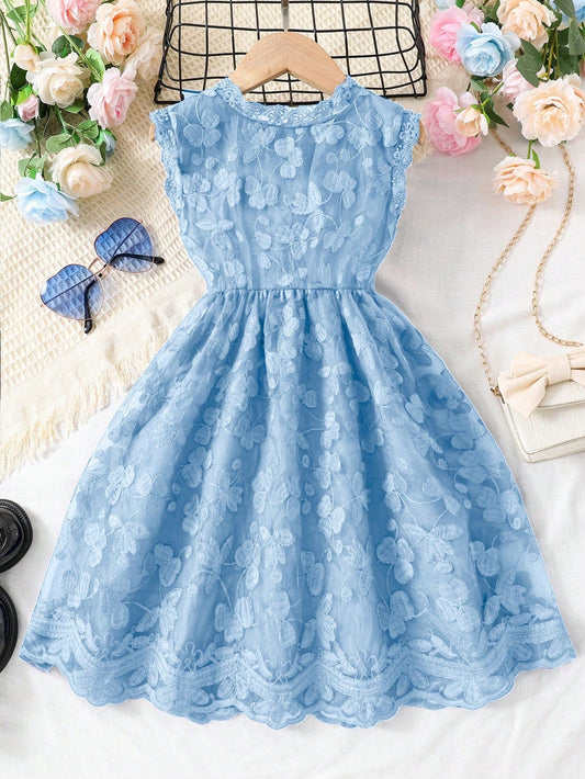 SHEIN Kids CHARMNG Young Girl Shamrock Embroidery Contrast Lace Scallop Trim Dress