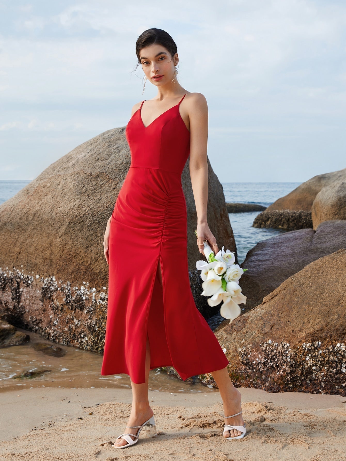 SHEIN Belle Solid Ruched Split Thigh Dress