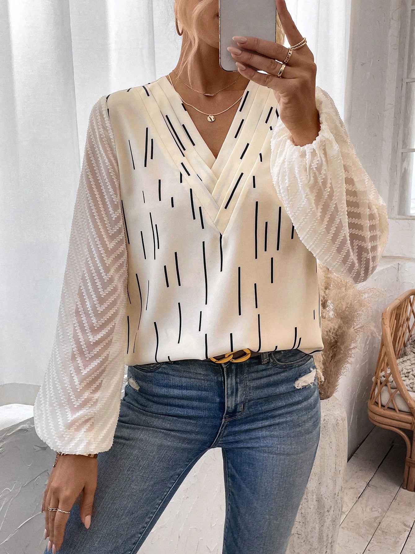 SHEIN LUNE Sheer Mesh Splicing V-Neck Long Sleeve Shirt
