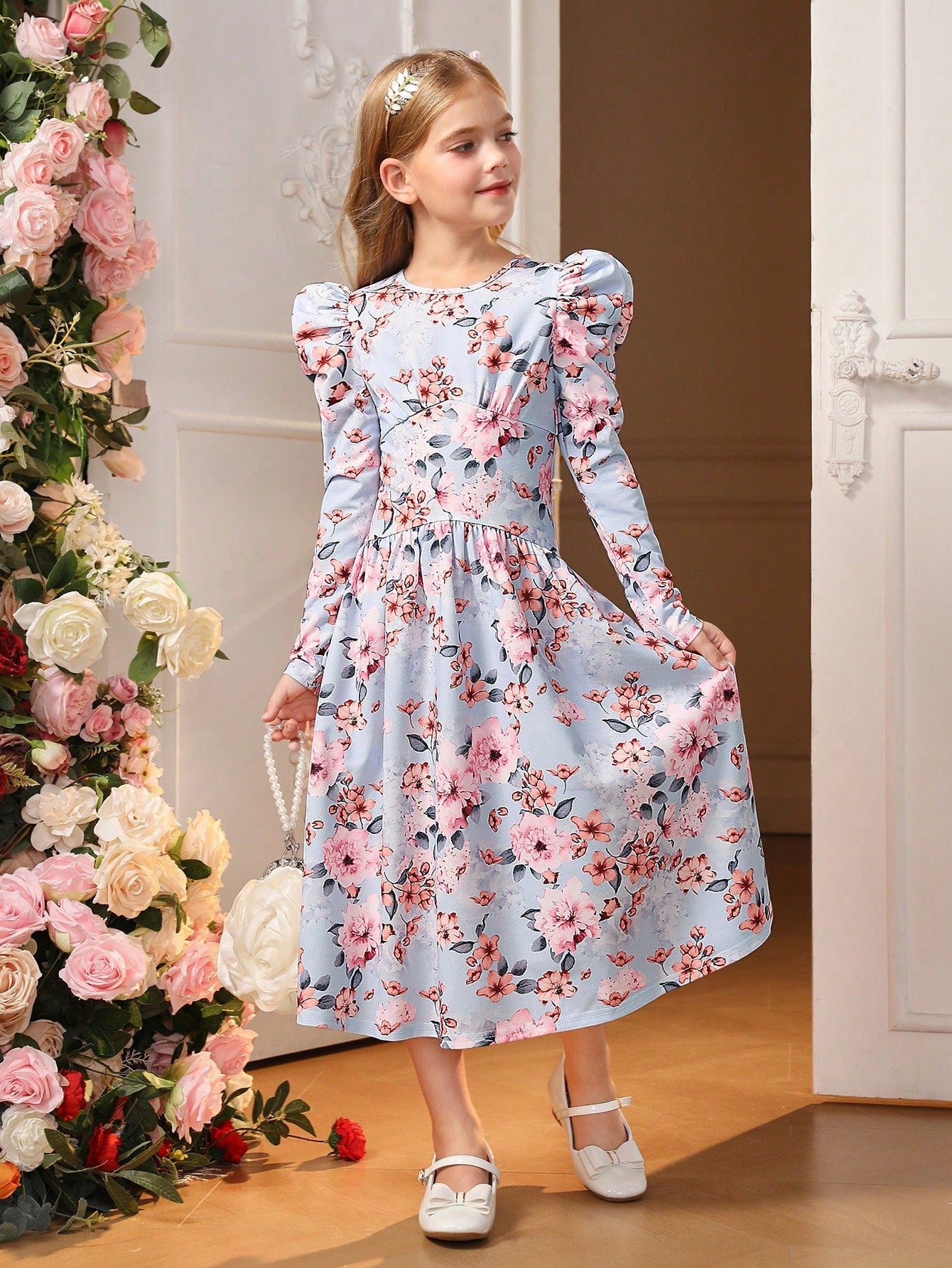 SHEIN Tween Girl Floral Print Gigot Sleeve Dress
