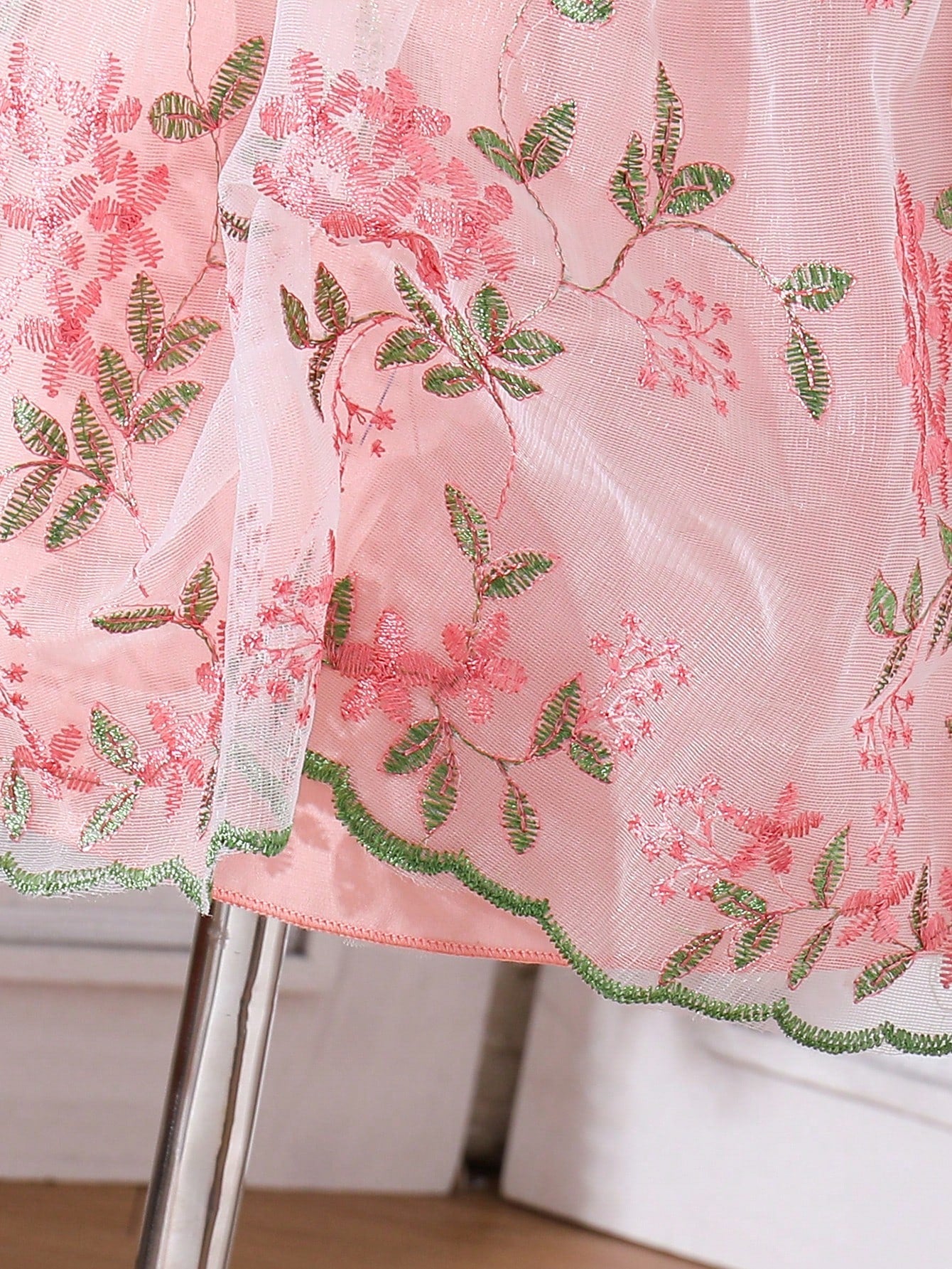 Young Girl'S Elegant Floral Embroidery Tulle Dress with Puff Sleeves and Petticoat, Perfect for Wedding, Flower Girl, Birthday, Party, Vacation, Sweet Summer Blush Outfit