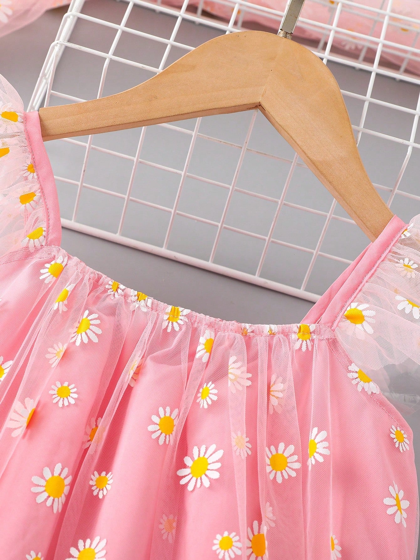 SHEIN Kids CHARMNG Toddler Girls Daisy Print Ruffle Trim Mesh Overlay Dress