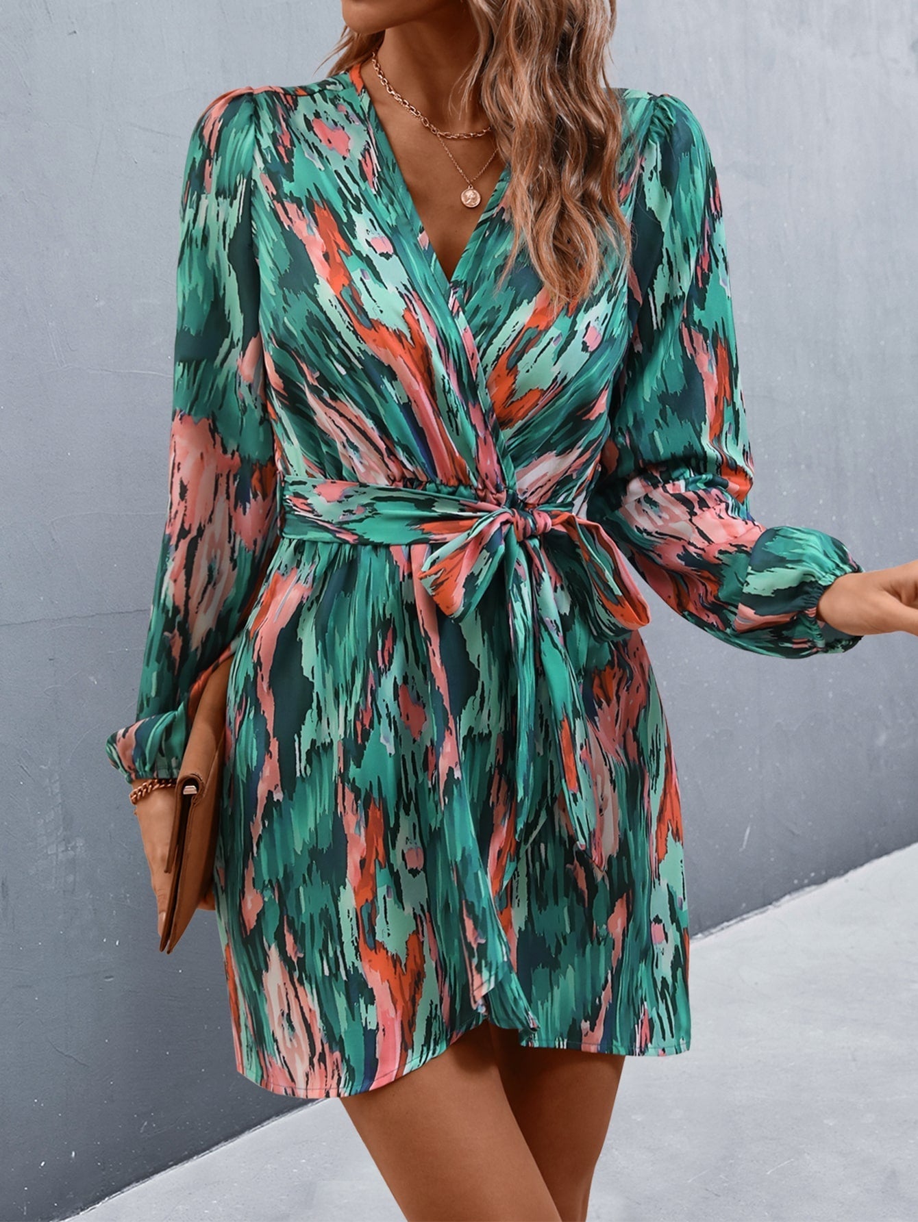 Allover Print Lantern Sleeve Belted Wrap Hem Dress