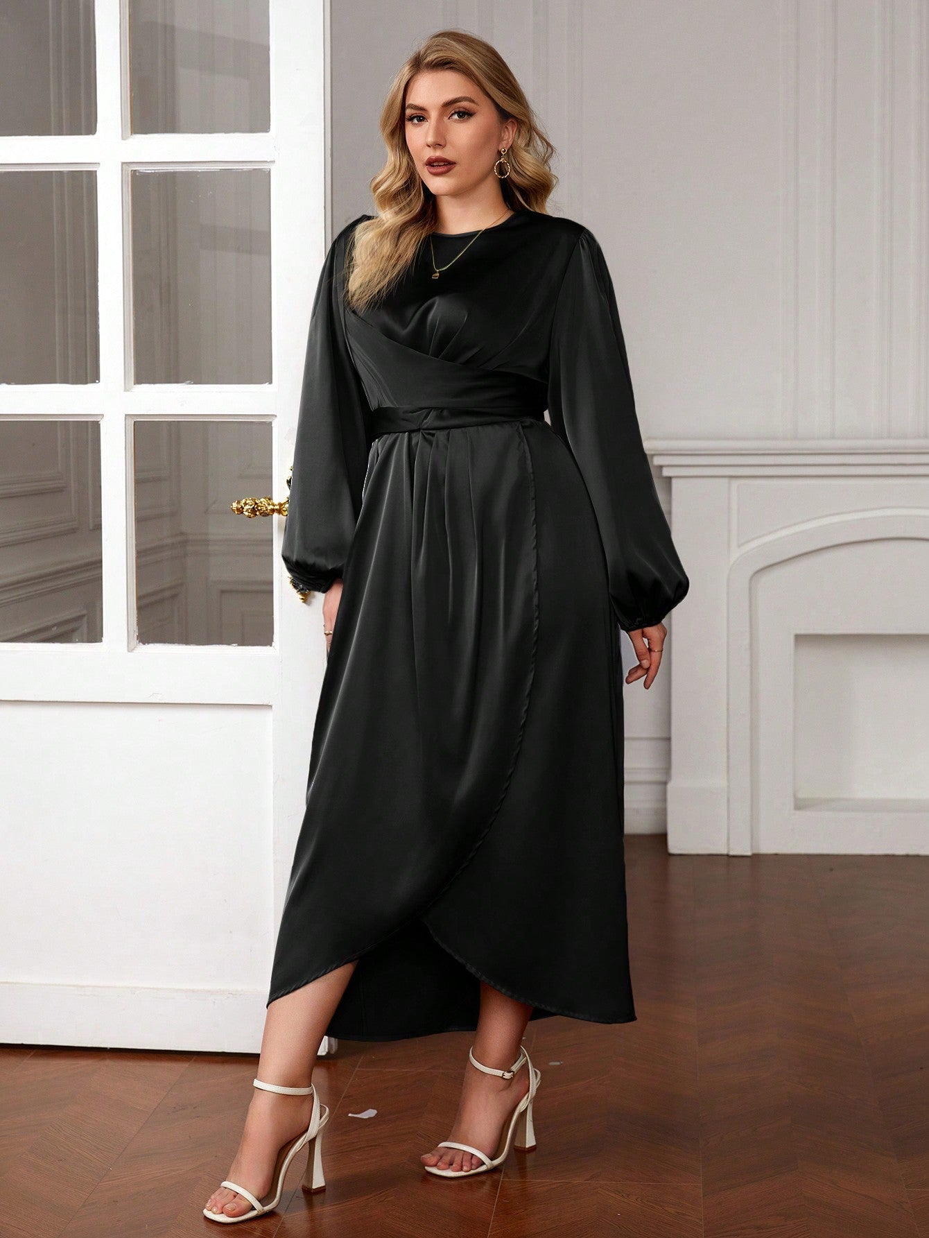 SHEIN Clasi plus Lantern Sleeve Wrap Hem Satin Dress