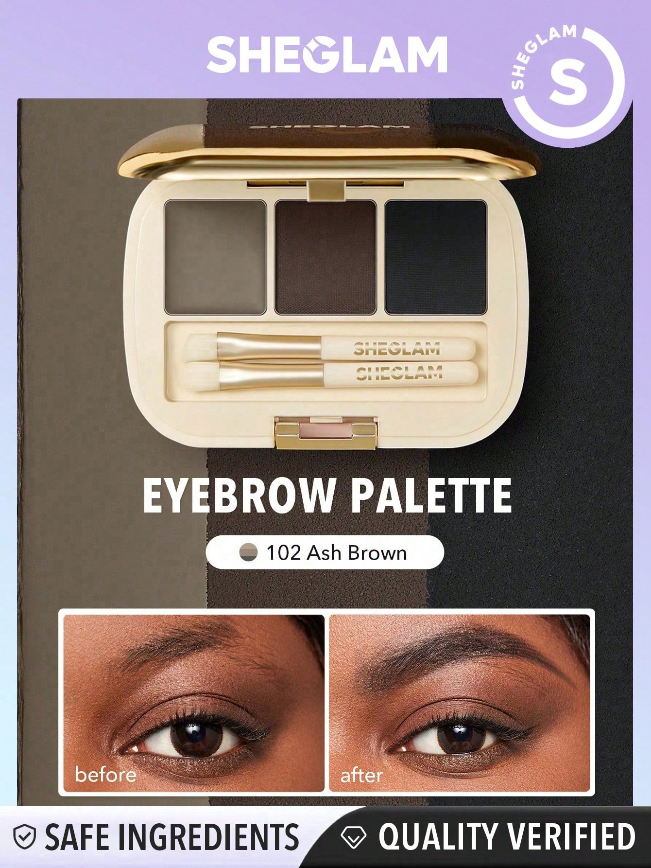 SHEGLAM Full-Filled Eyebrow Palette-102 Ash Brown 3-Color Matte Eyebrow Powder Eyebrow Wax Filling Defining Shaping Eyebrow Makeup with Small Brush Black Friday Party Eyebrow