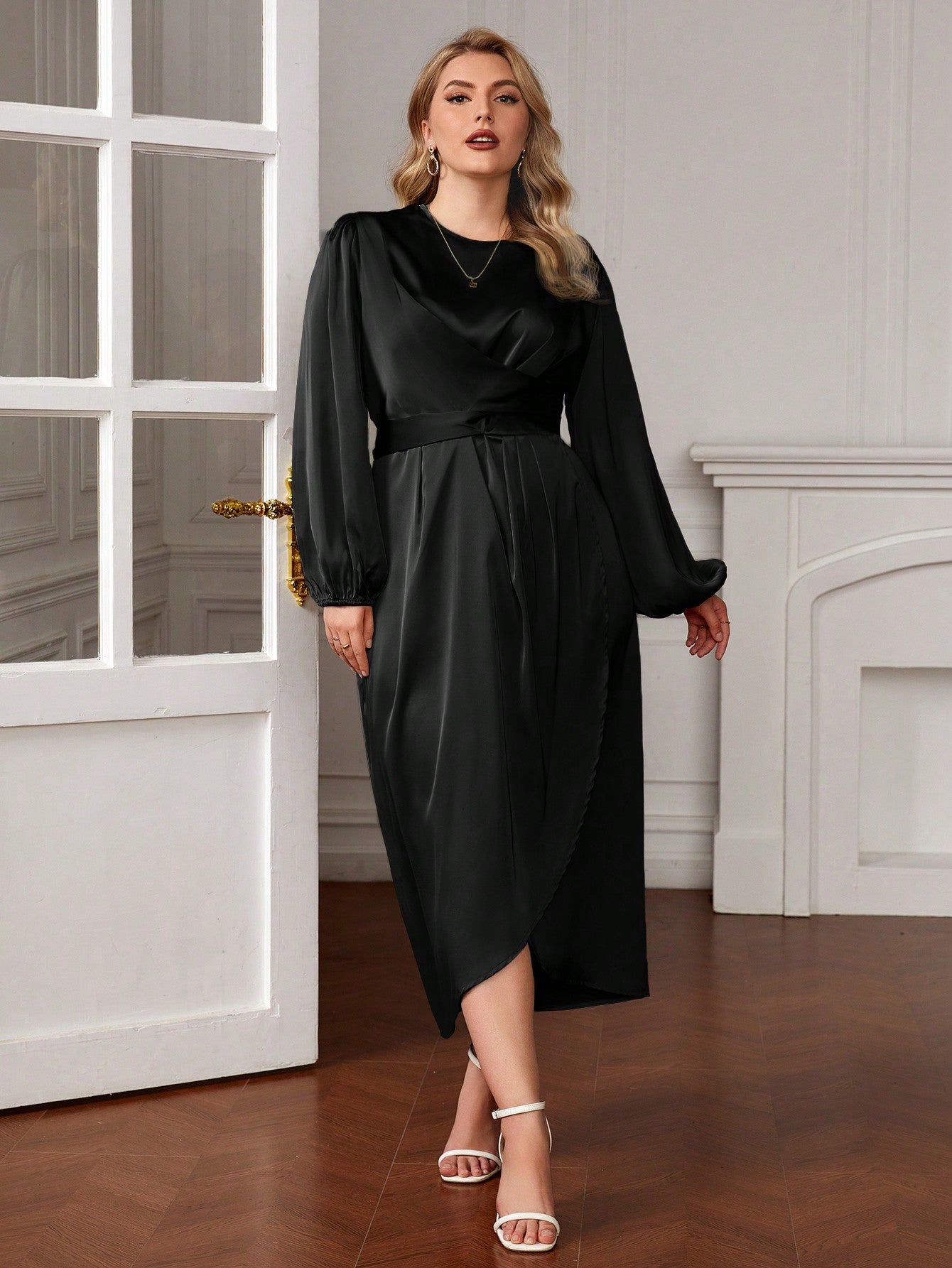 SHEIN Clasi plus Lantern Sleeve Wrap Hem Satin Dress