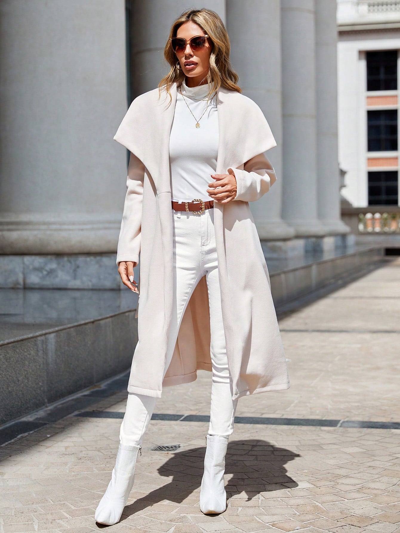 SHEIN Essnce Waterfall Collar Belted Overcoat