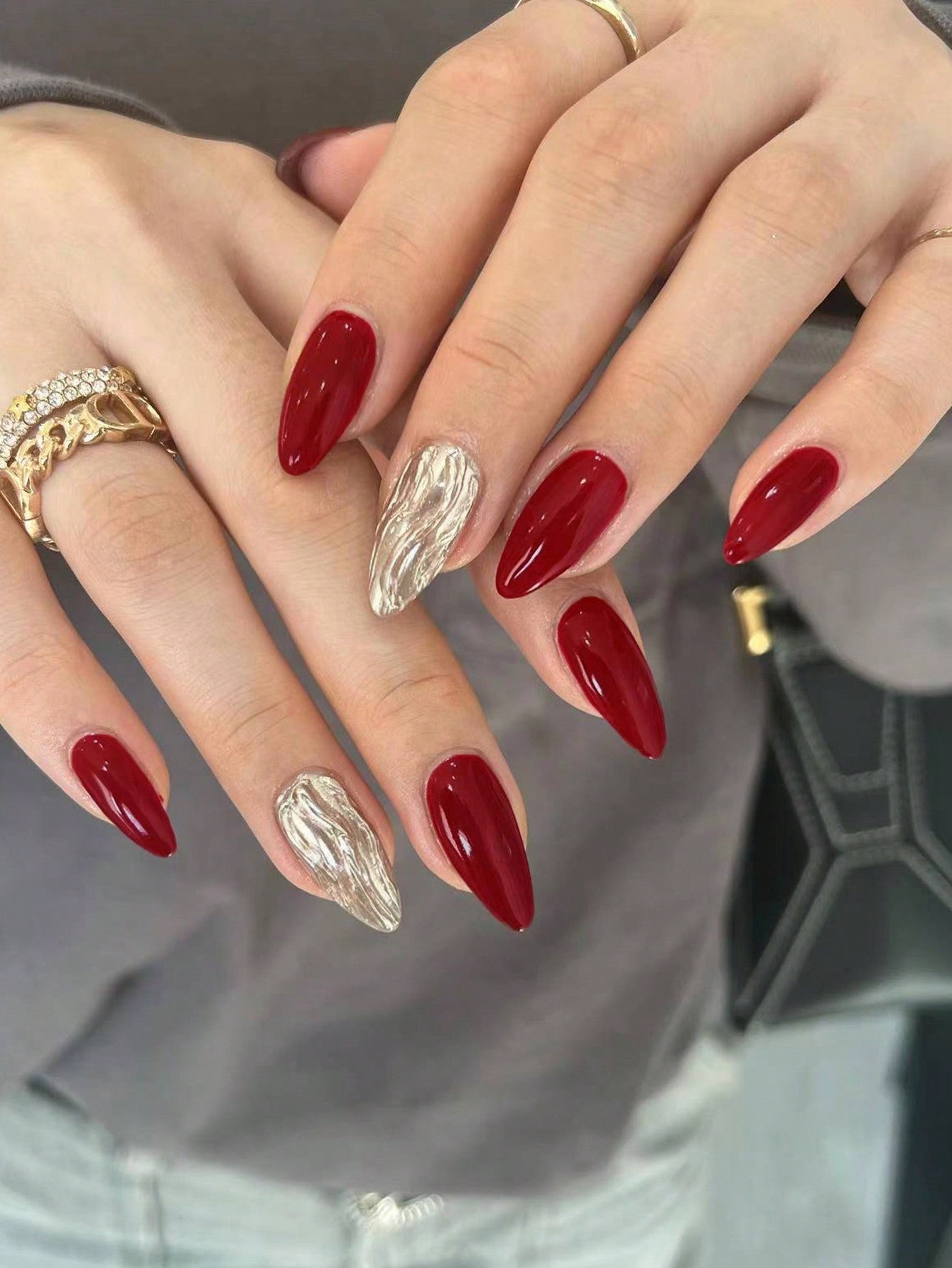 26Pcs Press on Nails Long Almond Red & 3D Water Ripples Design Fake Nail Set , Contain 1Pcs Jelly Glue and 1Pcs Nail File, for Nail Art Decorations by Women & Girls